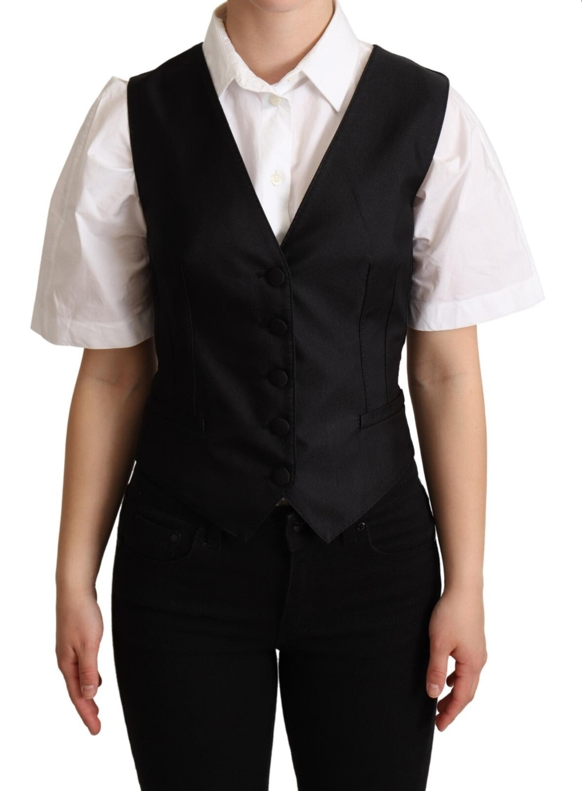 Dolce & Gabbana Solid Black Silk Sleeveless Waistcoat Vest Top | Regal Royce