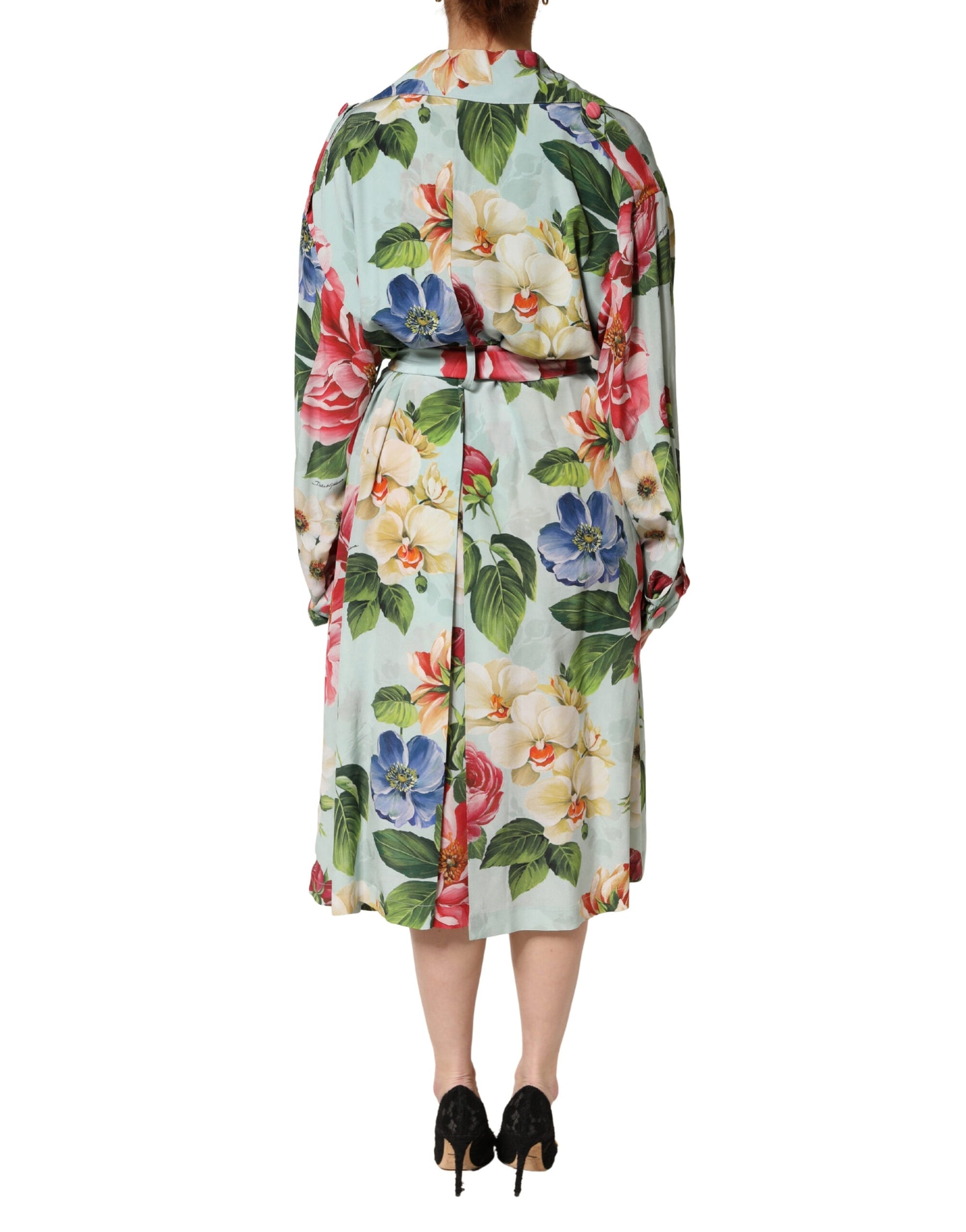 Dolce & Gabbana Green Floral Silk Wrap Midi Long Sleeve Dress | Regal Royce