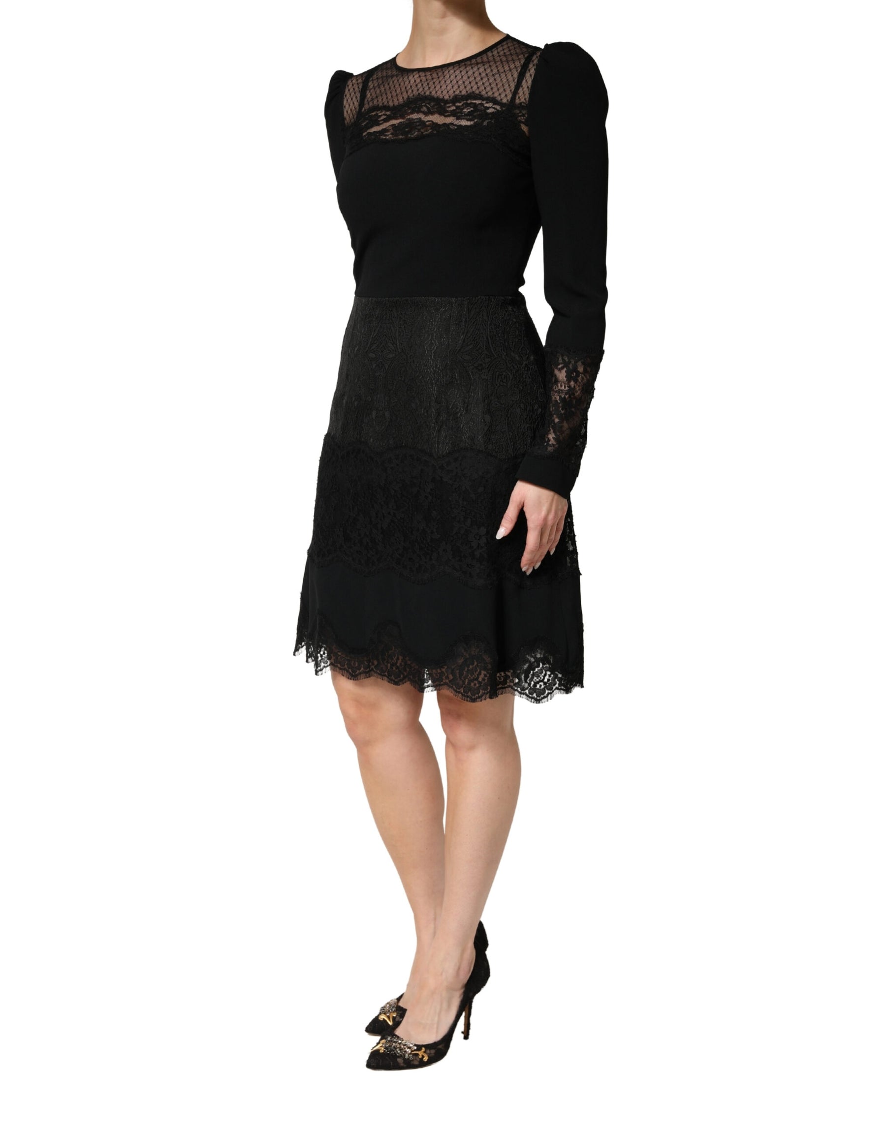 Dolce & Gabbana Black Lace Sheer Panel Midi Long Sleeve  Dress | Regal Royce
