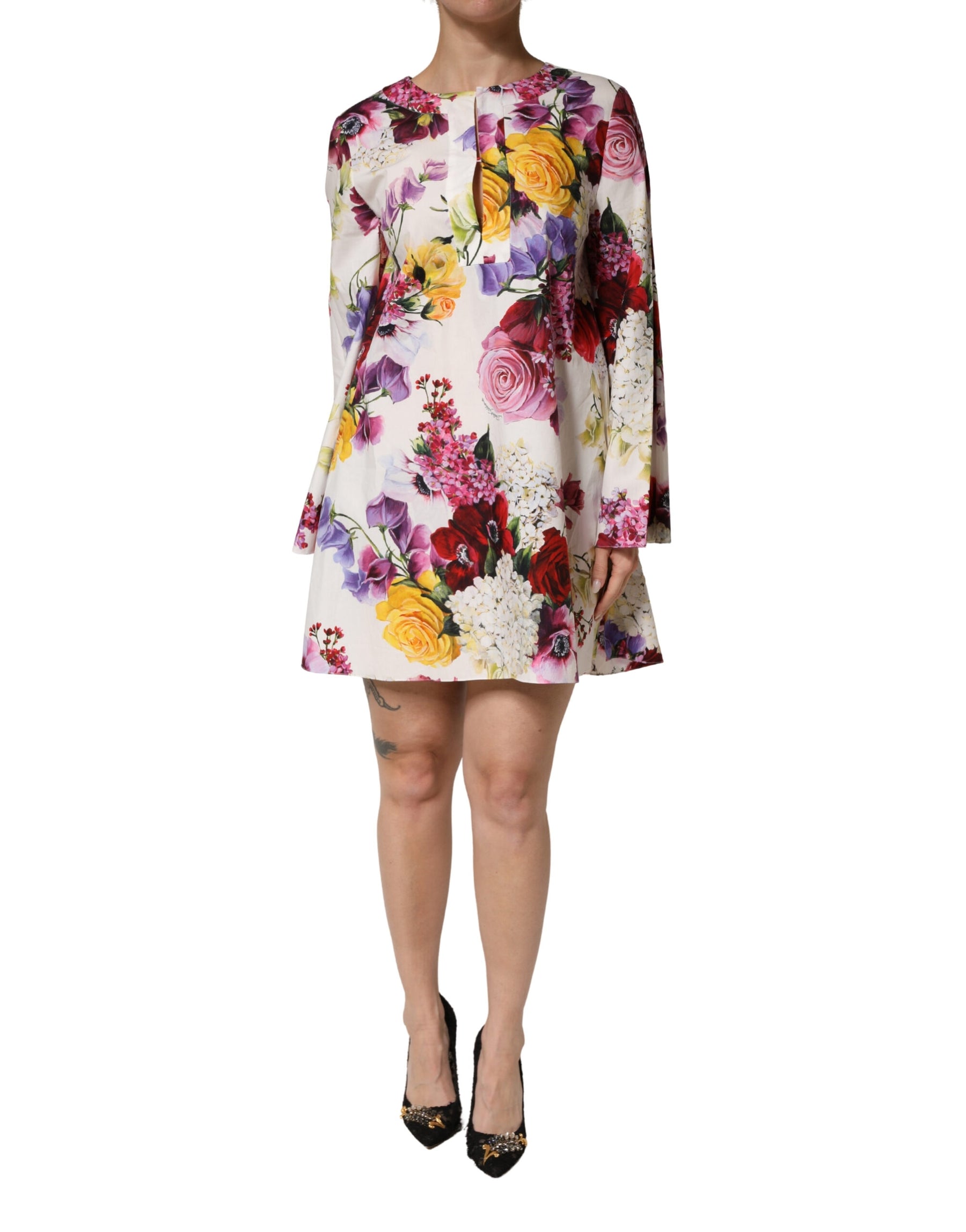 Dolce & Gabbana Multicolor Floral Cotton Longsleeves Midi Dress | Regal Royce