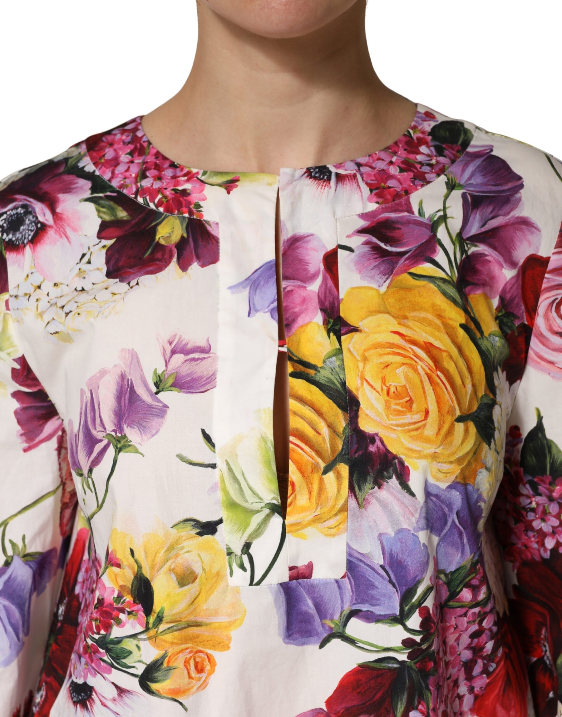 Dolce & Gabbana Multicolor Floral Cotton Longsleeves Midi Dress | Regal Royce
