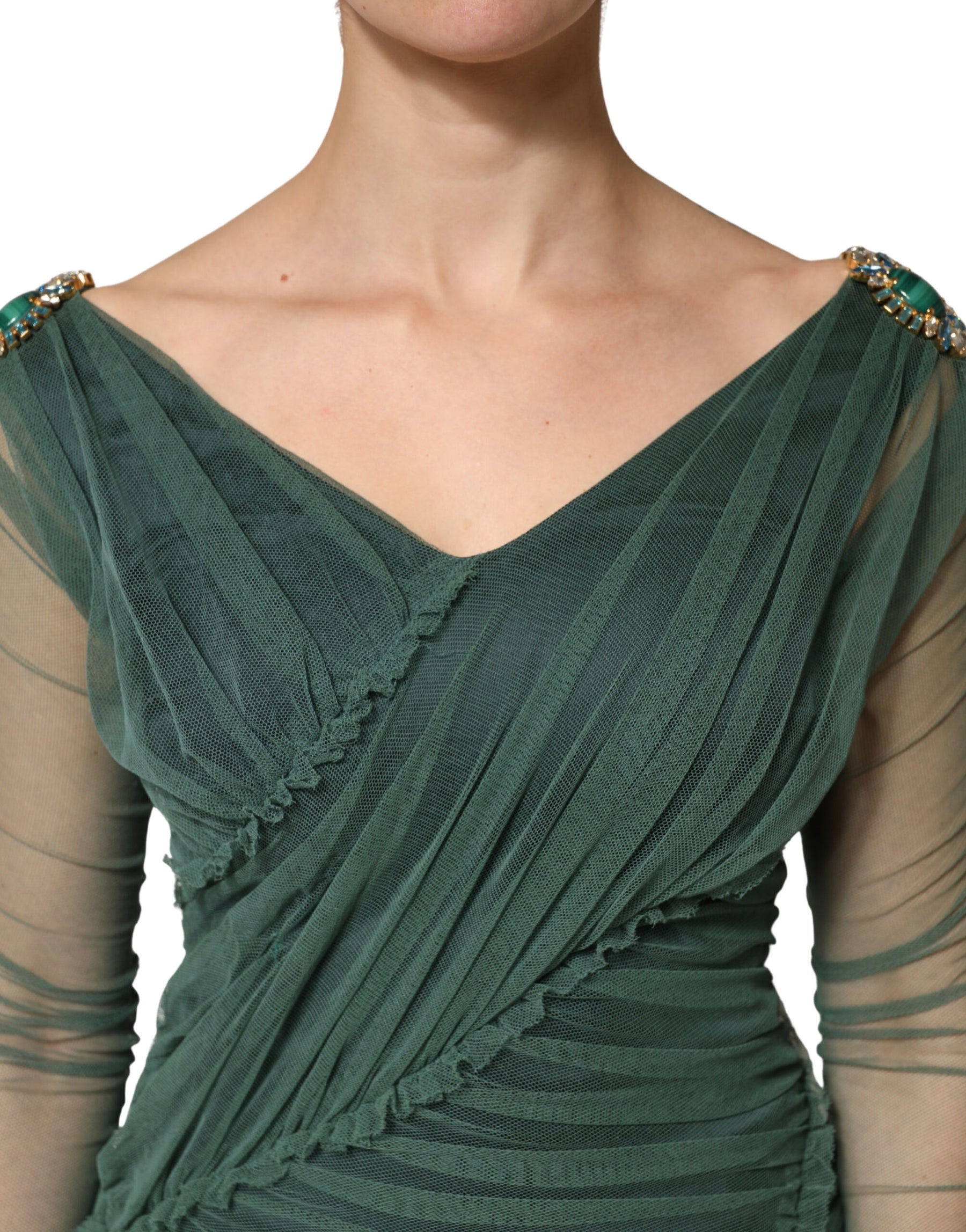 Dolce & Gabbana Green Ruched Mesh Sheer Sleeves Midi Dress | Regal Royce