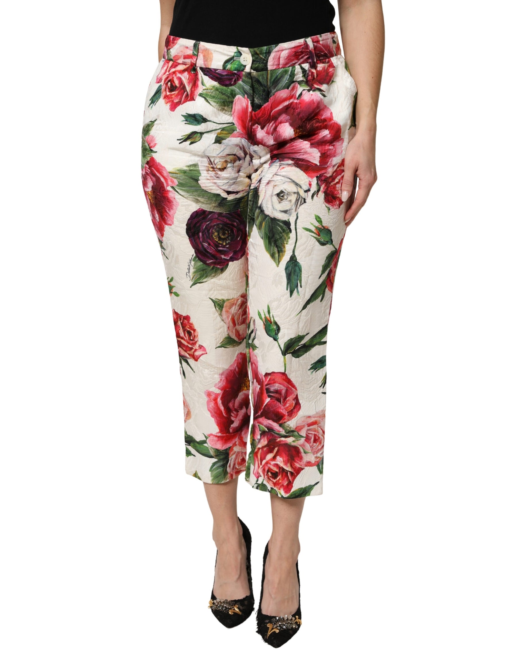 Dolce & Gabbana Multicolor Rose Floral Cropped Trousers Pants | Regal Royce