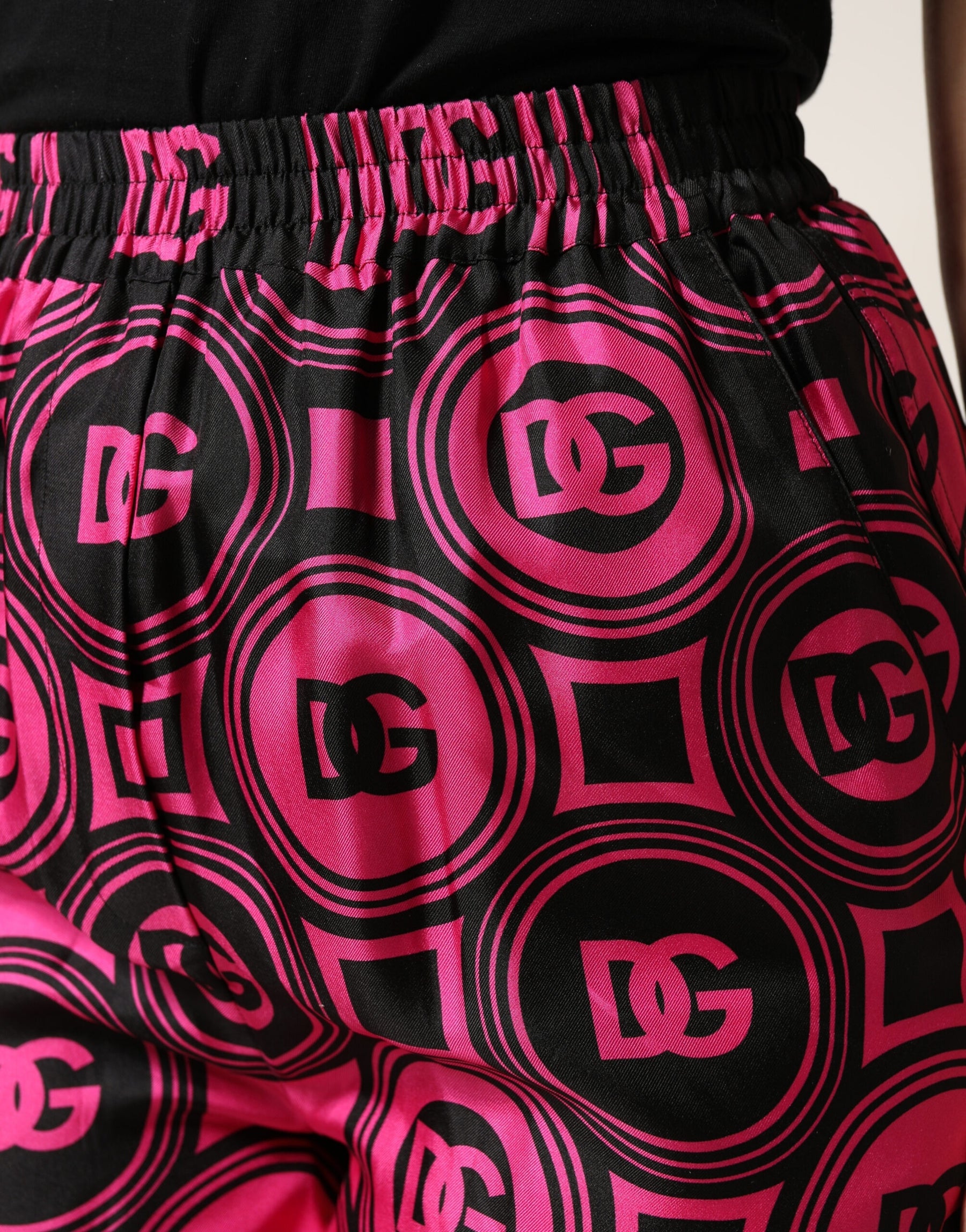 Dolce & Gabbana Black Fuchsia Silk Logo Elastic Waist Shorts | Regal Royce