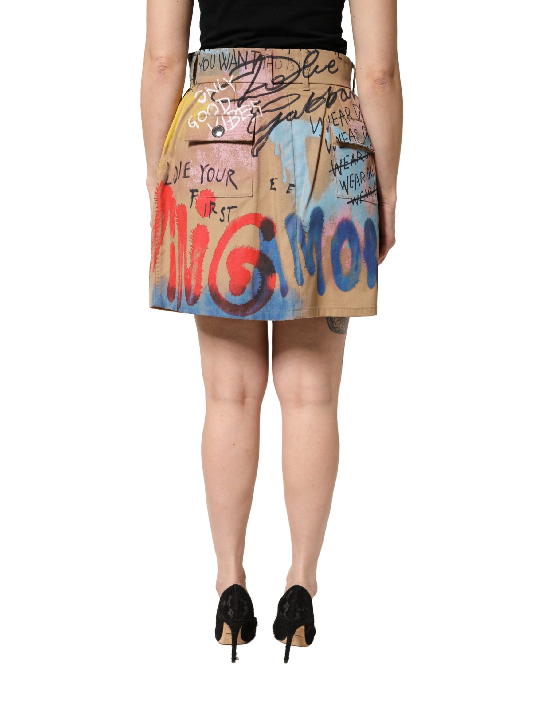 Dolce & Gabbana Beige Graffiti Print Cotton Blend Mini Skirt | Regal Royce
