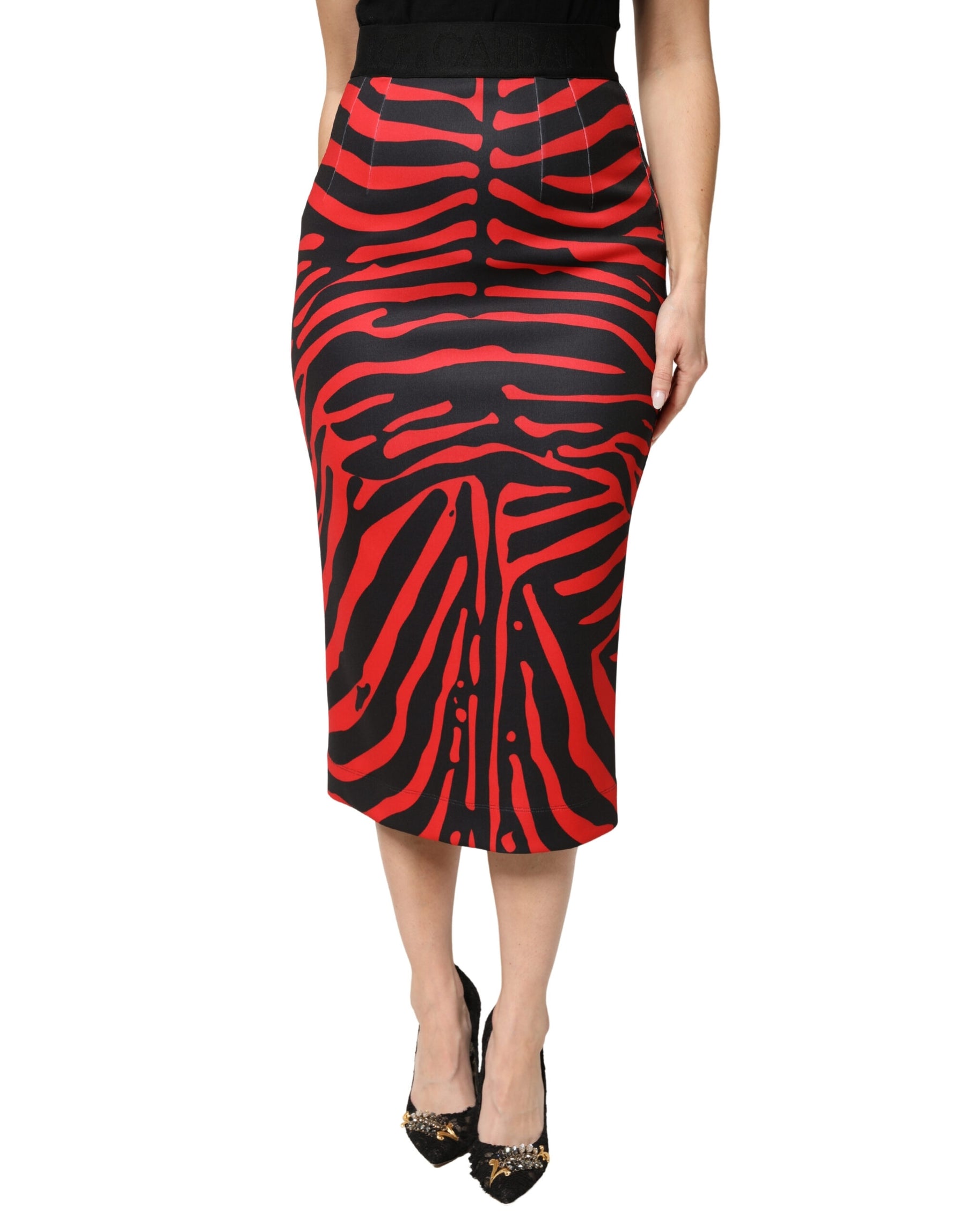 Dolce & Gabbana Red Black Zebra Print Polyester Pencil Midi Skirt | Regal Royce