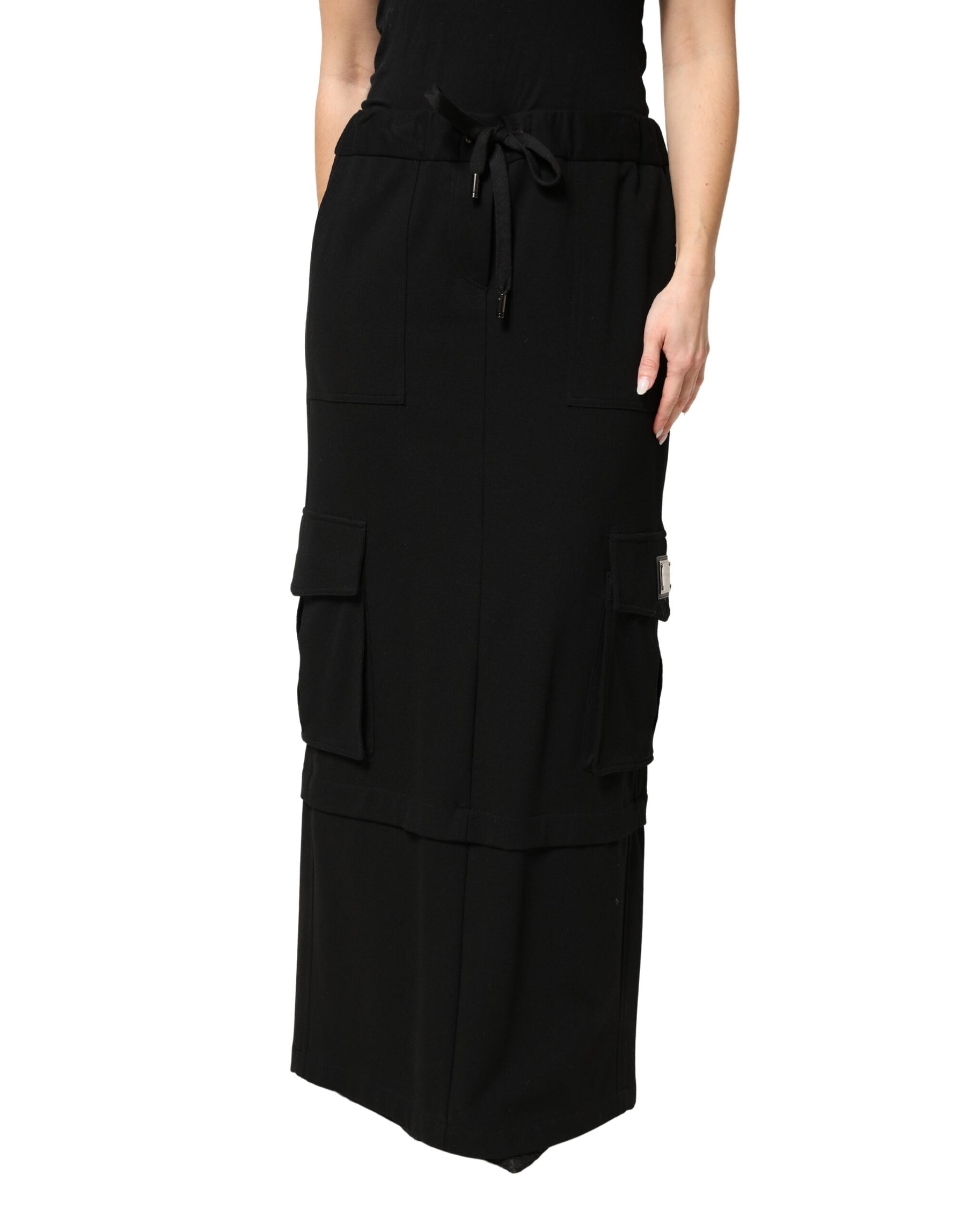 Dolce & Gabbana Black Cotton Drawstring Long Maxi Cargo Skirt | Regal Royce