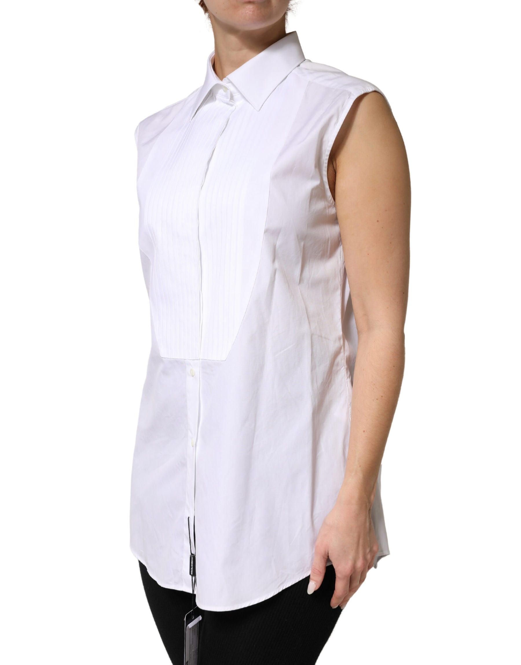 Dolce & Gabbana White Cotton Pleated Sleeveless Button Down Top | Regal Royce