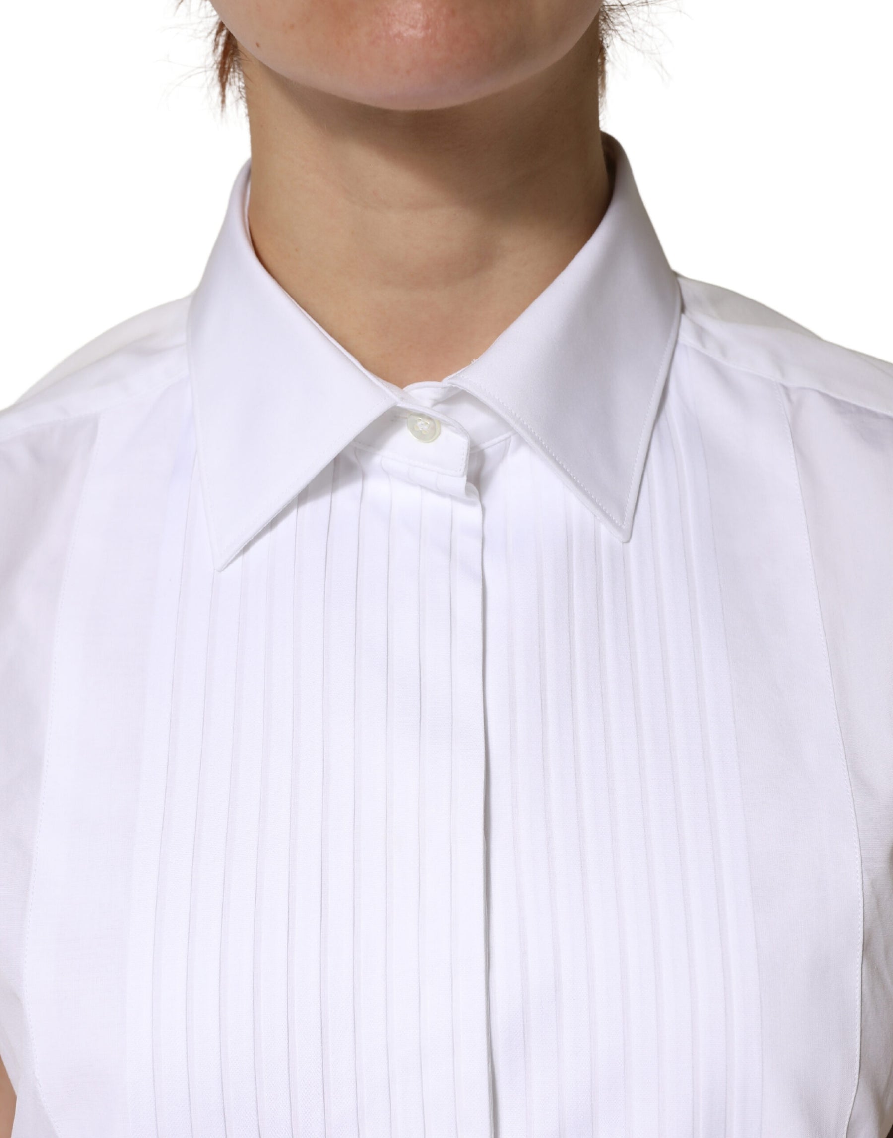 Dolce & Gabbana White Cotton Pleated Sleeveless Button Down Top | Regal Royce