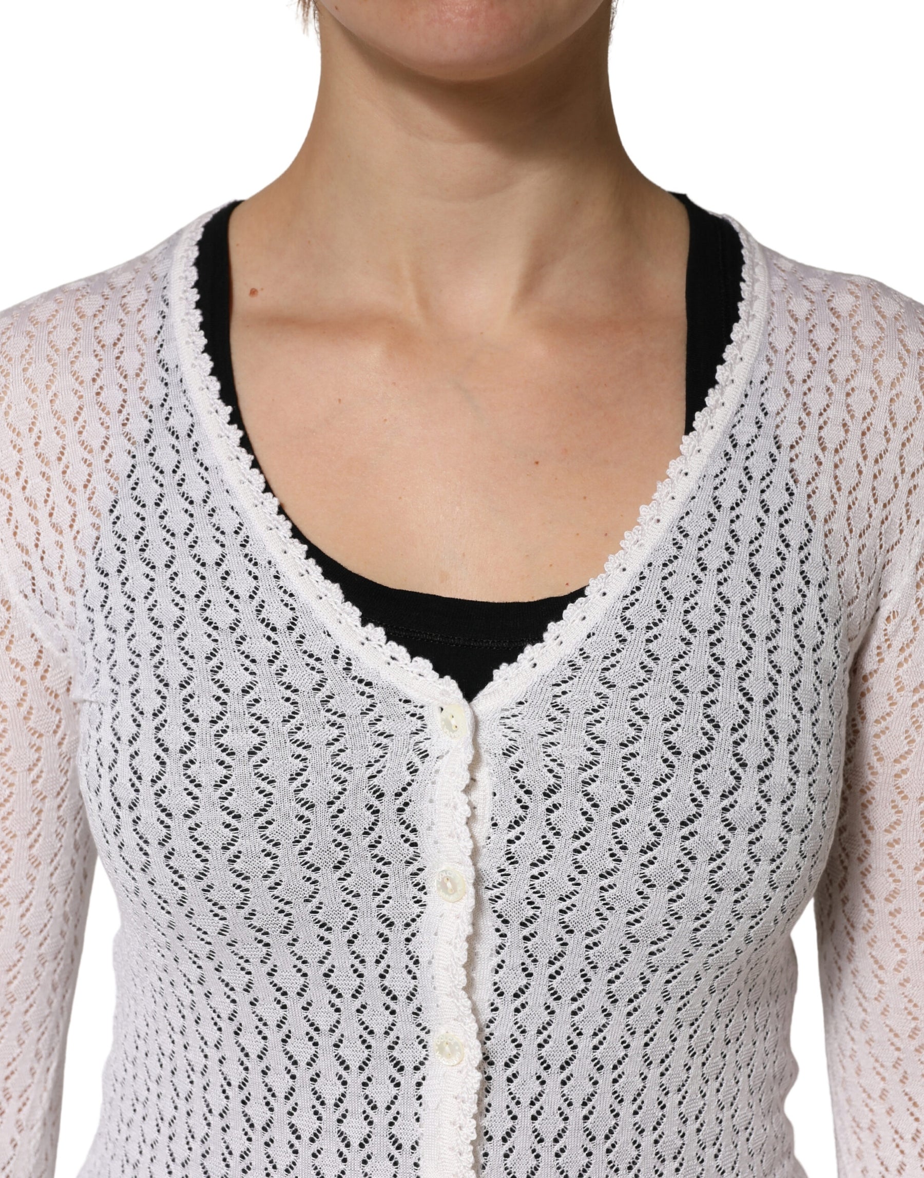 Dolce & Gabbana White Lace Silk Knit Long Sleeves Cardigan Top | Regal Royce