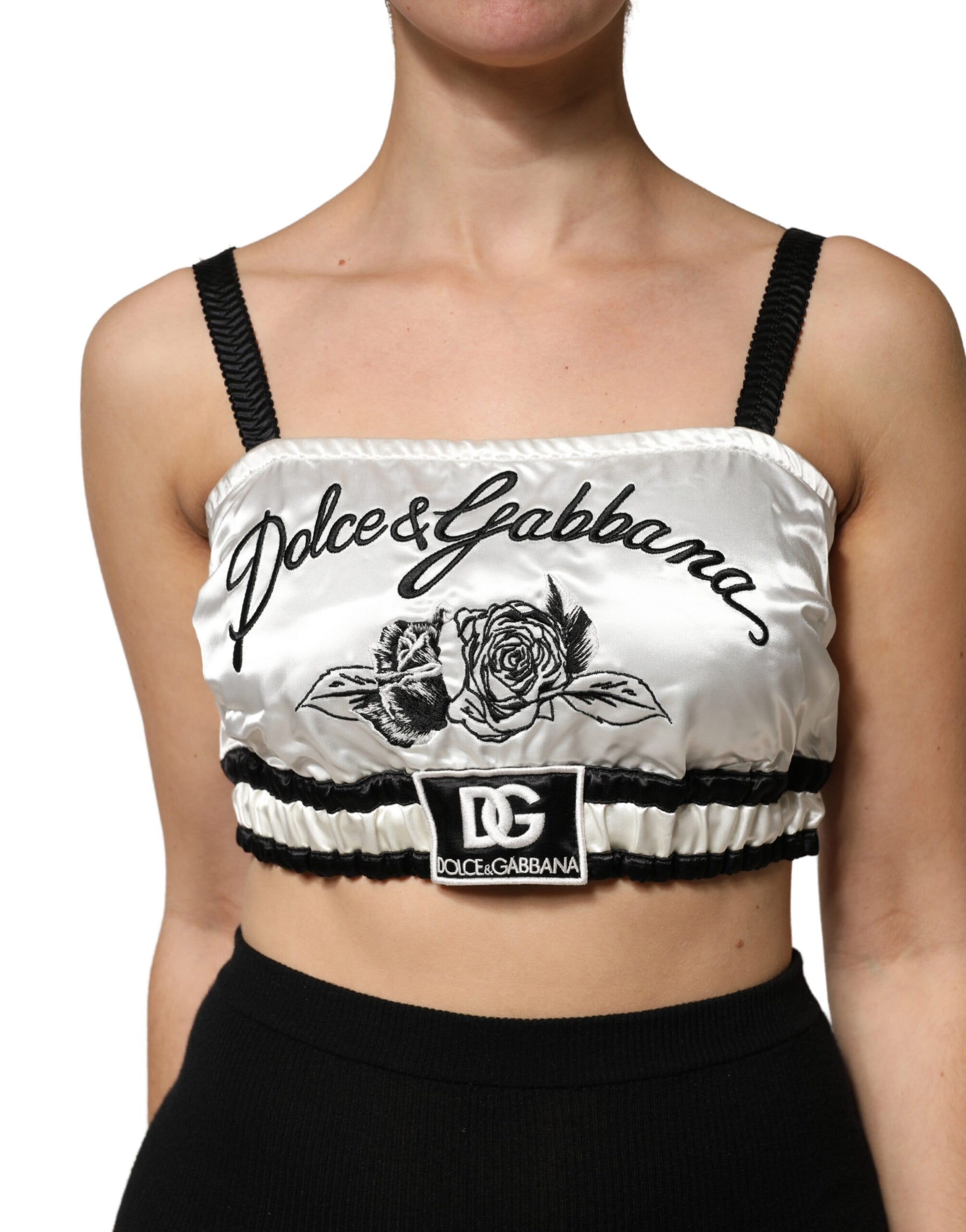 Dolce & Gabbana White Silk Satin Crop Black Logo Bralette Top | Regal Royce