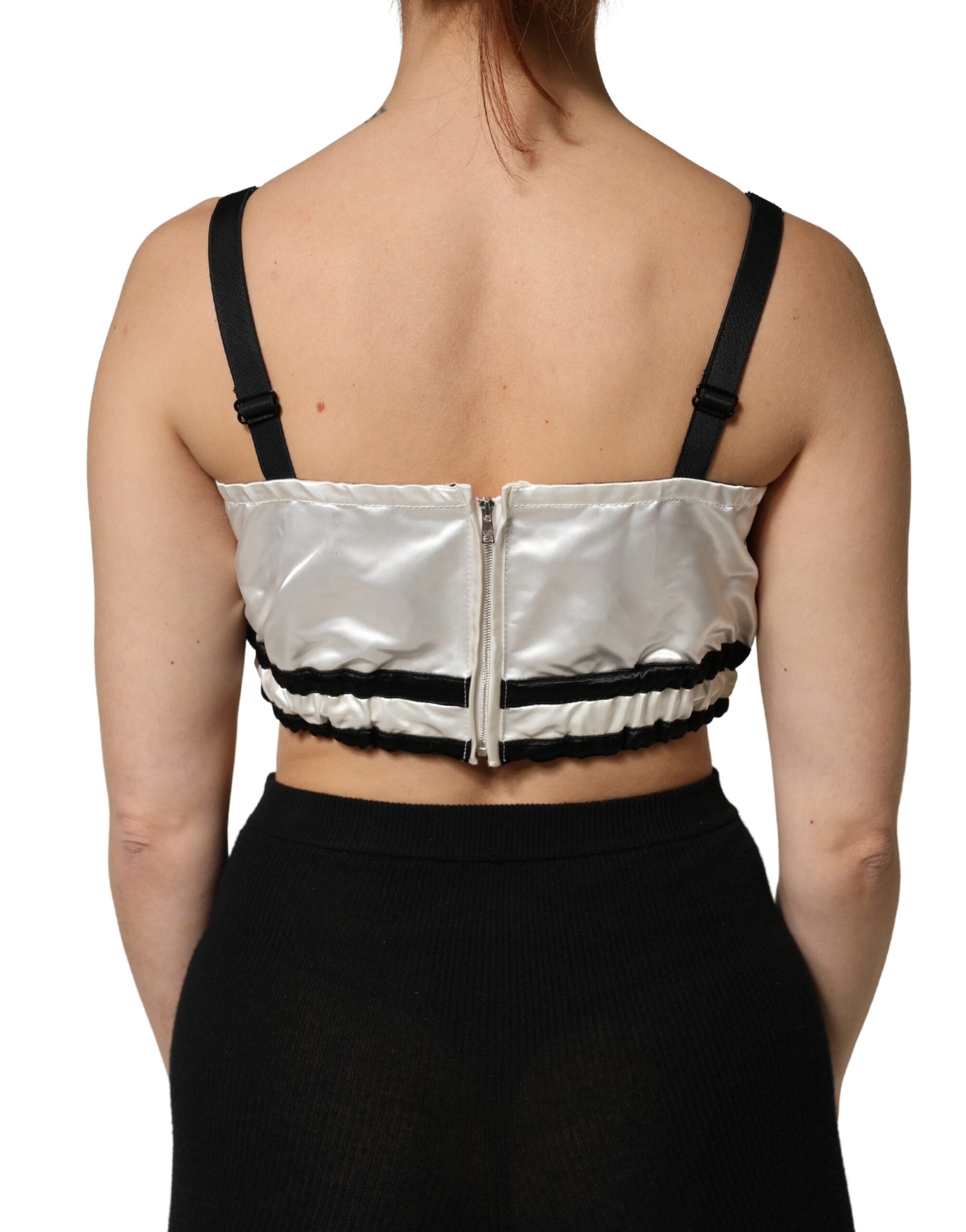 Dolce & Gabbana White Silk Satin Crop Black Logo Bralette Top | Regal Royce
