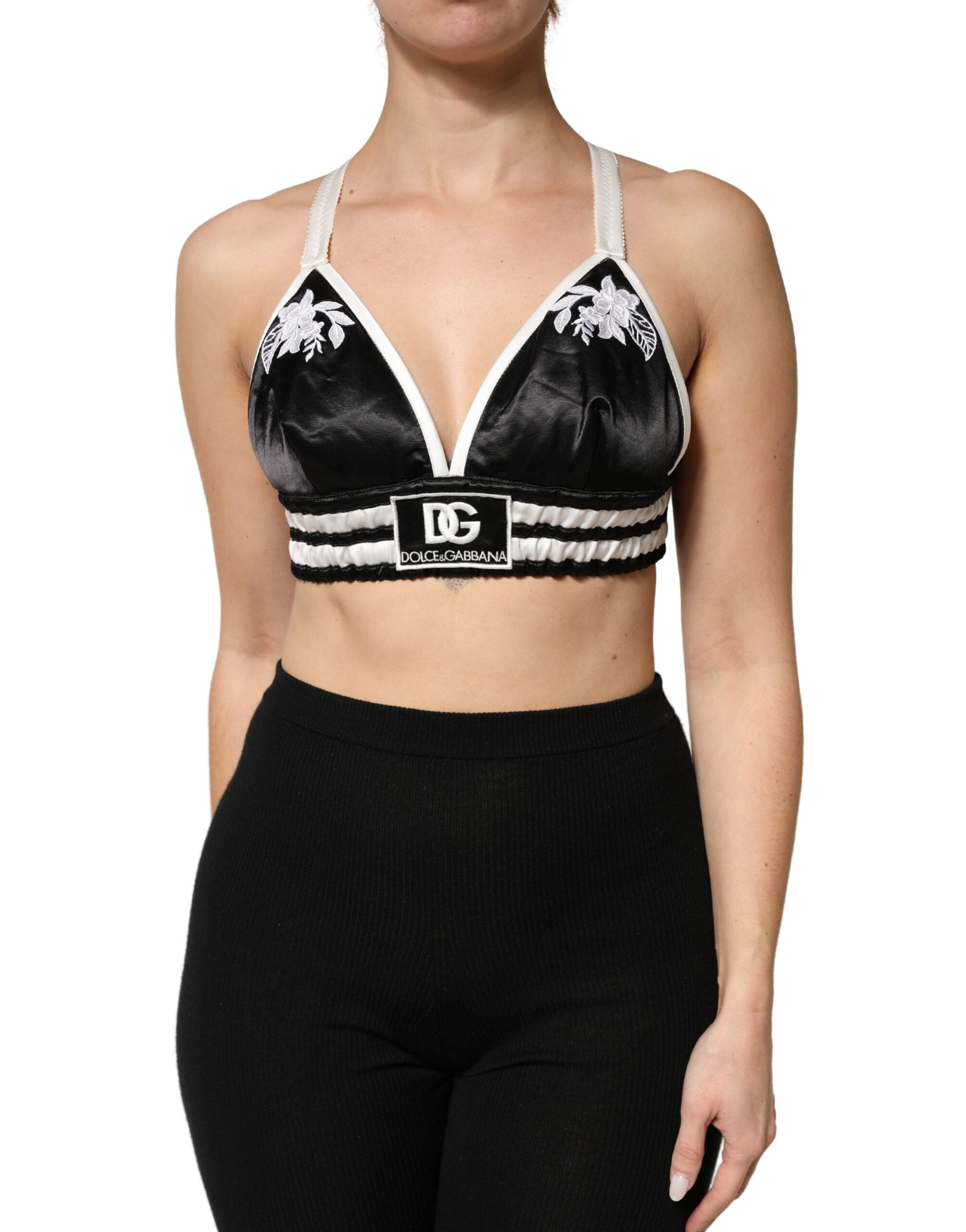 Dolce & Gabbana Black Floral Silk Satin Crop Logo Bralette Top | Regal Royce