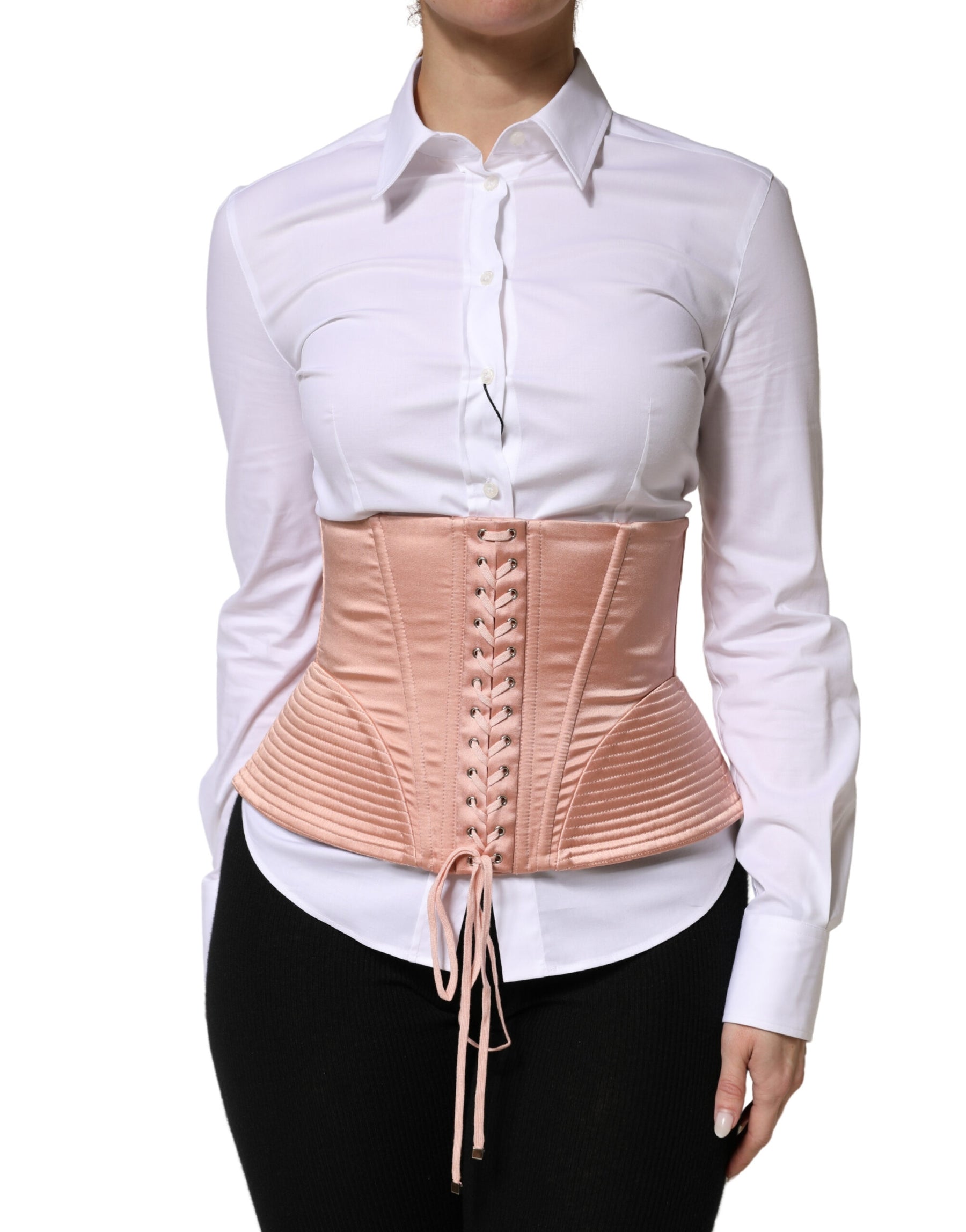 Dolce & Gabbana Pale Pink Silk LaceUp Waist Cincher Corset Top | Regal Royce