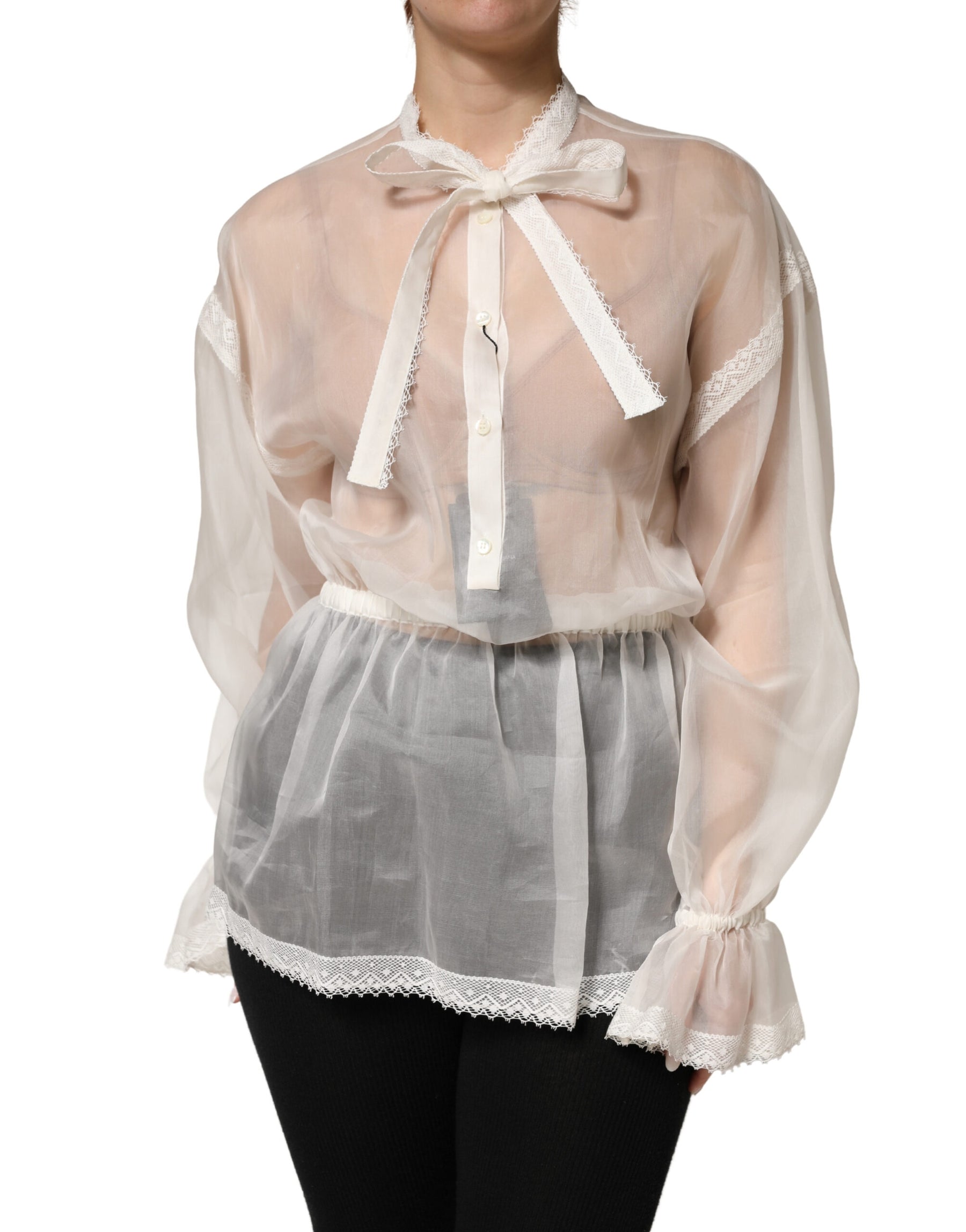 Dolce & Gabbana White Sheer Silk Blouse Lace Bow Tie Blouse Top | Regal Royce
