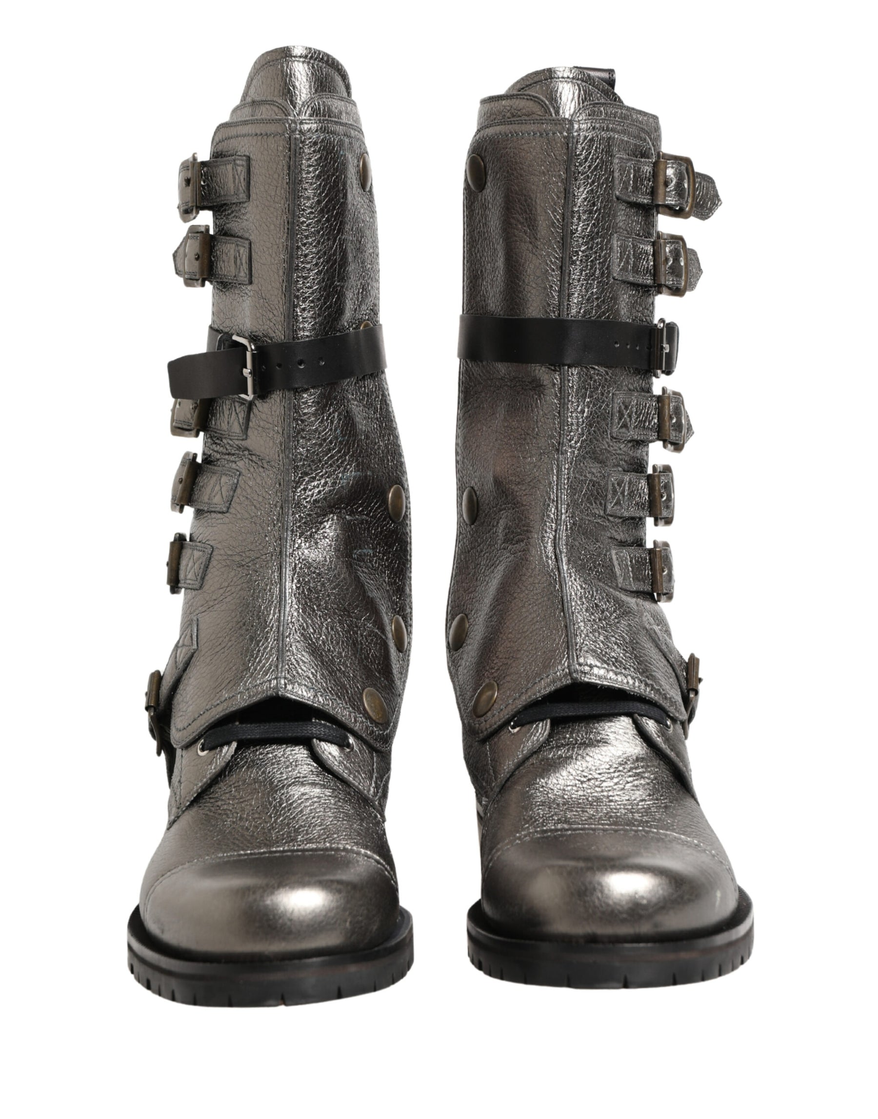 Dolce & Gabbana Metallic Leather Buckle Combat Boots Shoes | Regal Royce