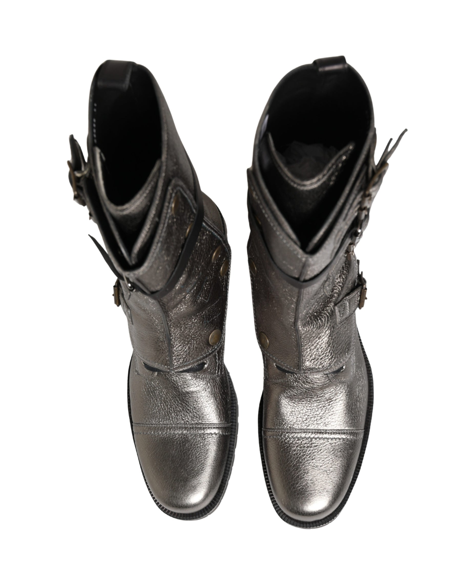 Dolce & Gabbana Metallic Leather Buckle Combat Boots Shoes | Regal Royce