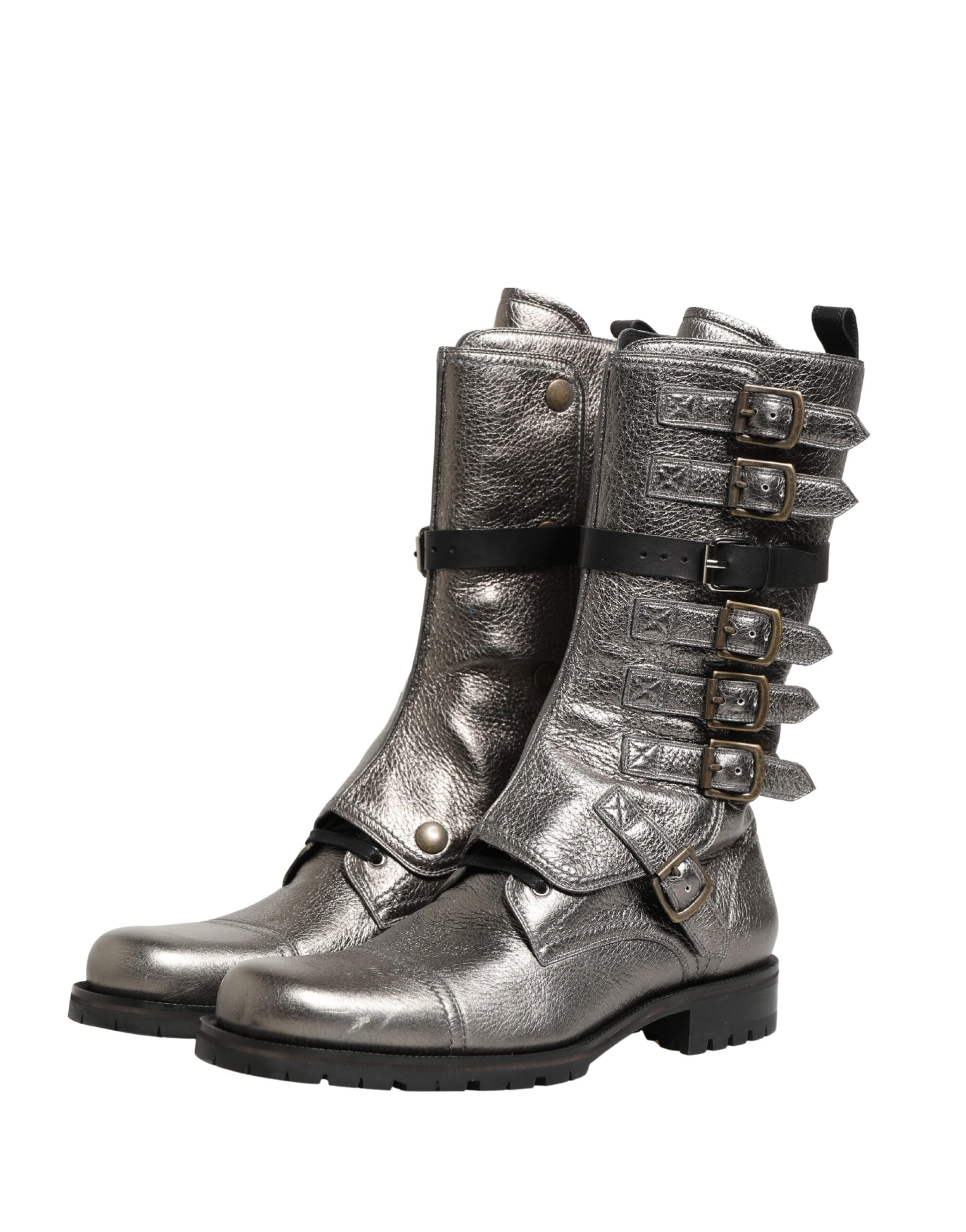 Dolce & Gabbana Metallic Leather Buckle Combat Boots Shoes | Regal Royce