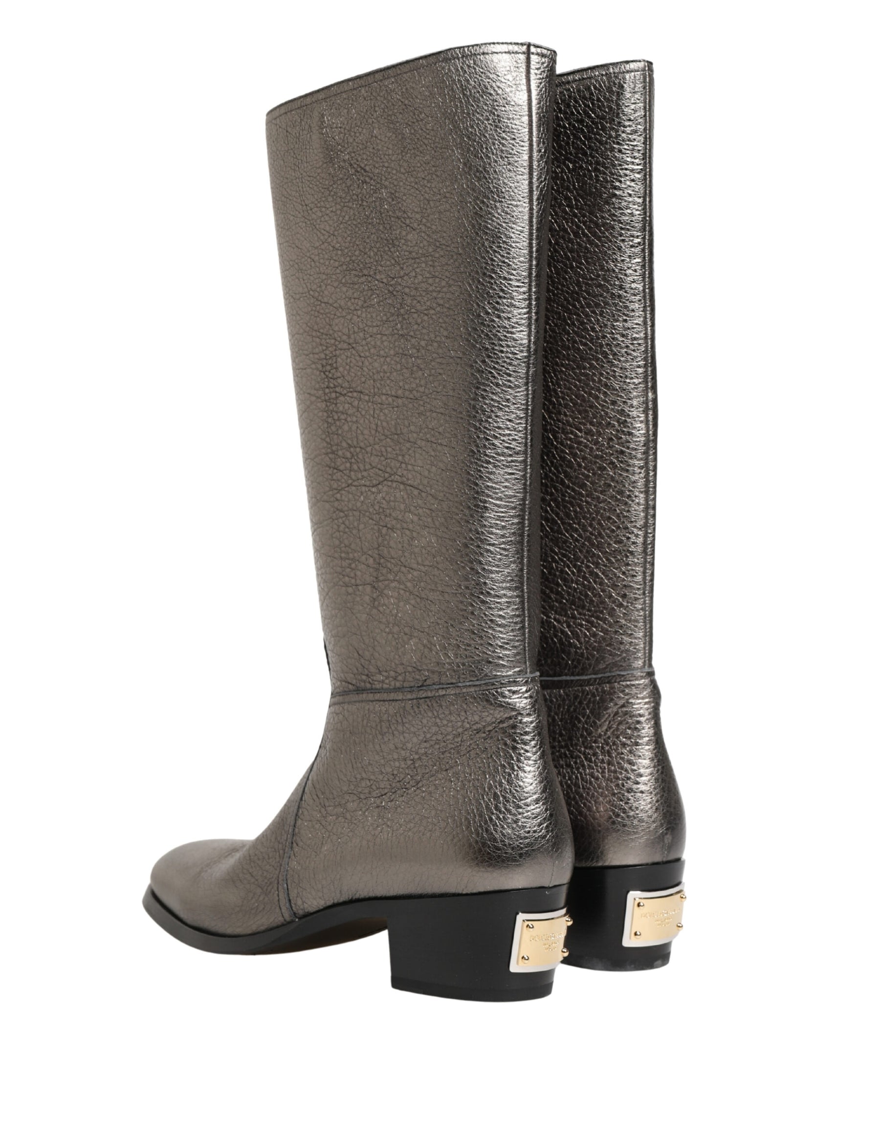 Dolce & Gabbana Metallic Silver Leather Knee High Boots Shoes | Regal Royce