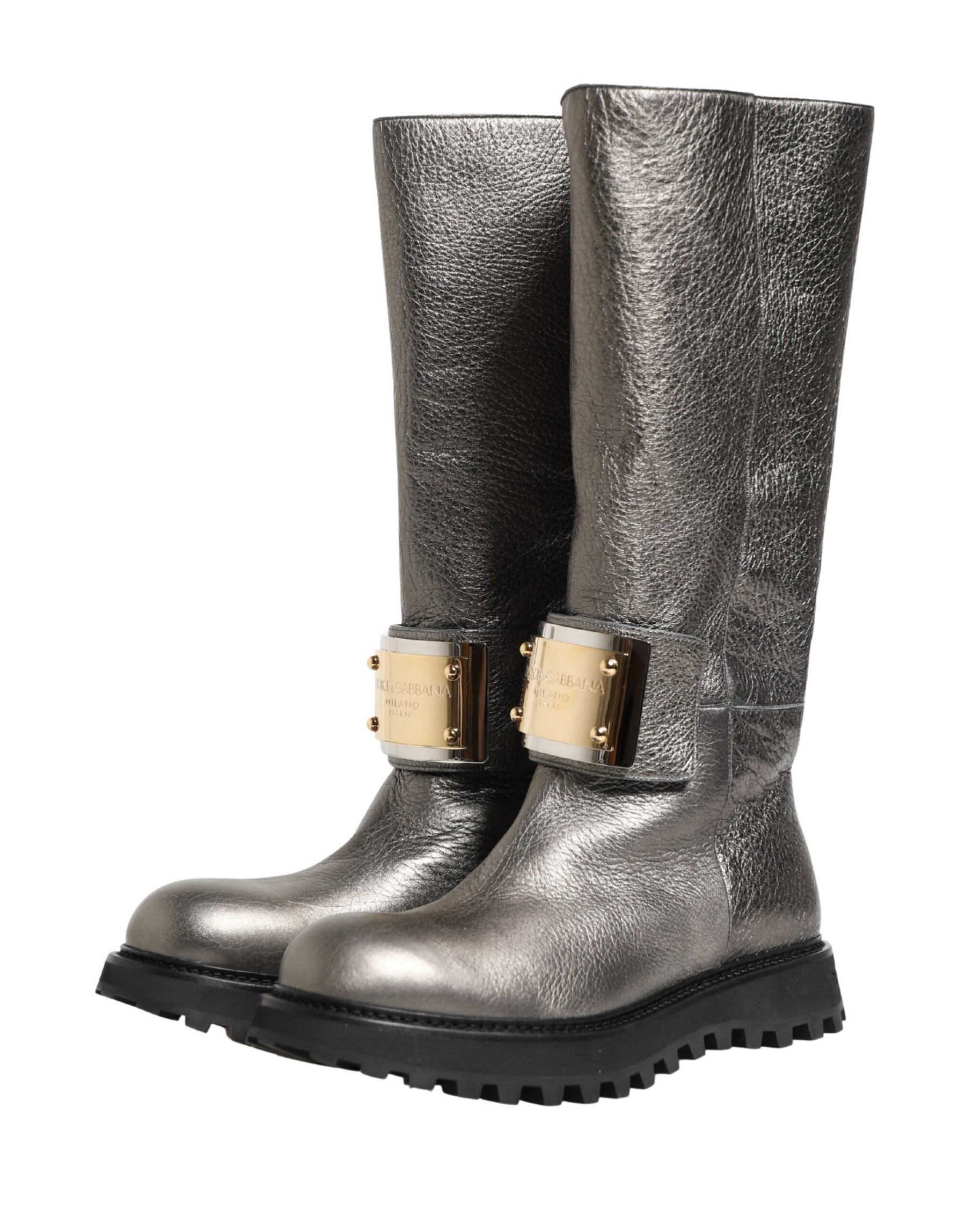 Dolce & Gabbana Metallic Silver Leather Mid Calf Boots Shoes | Regal Royce