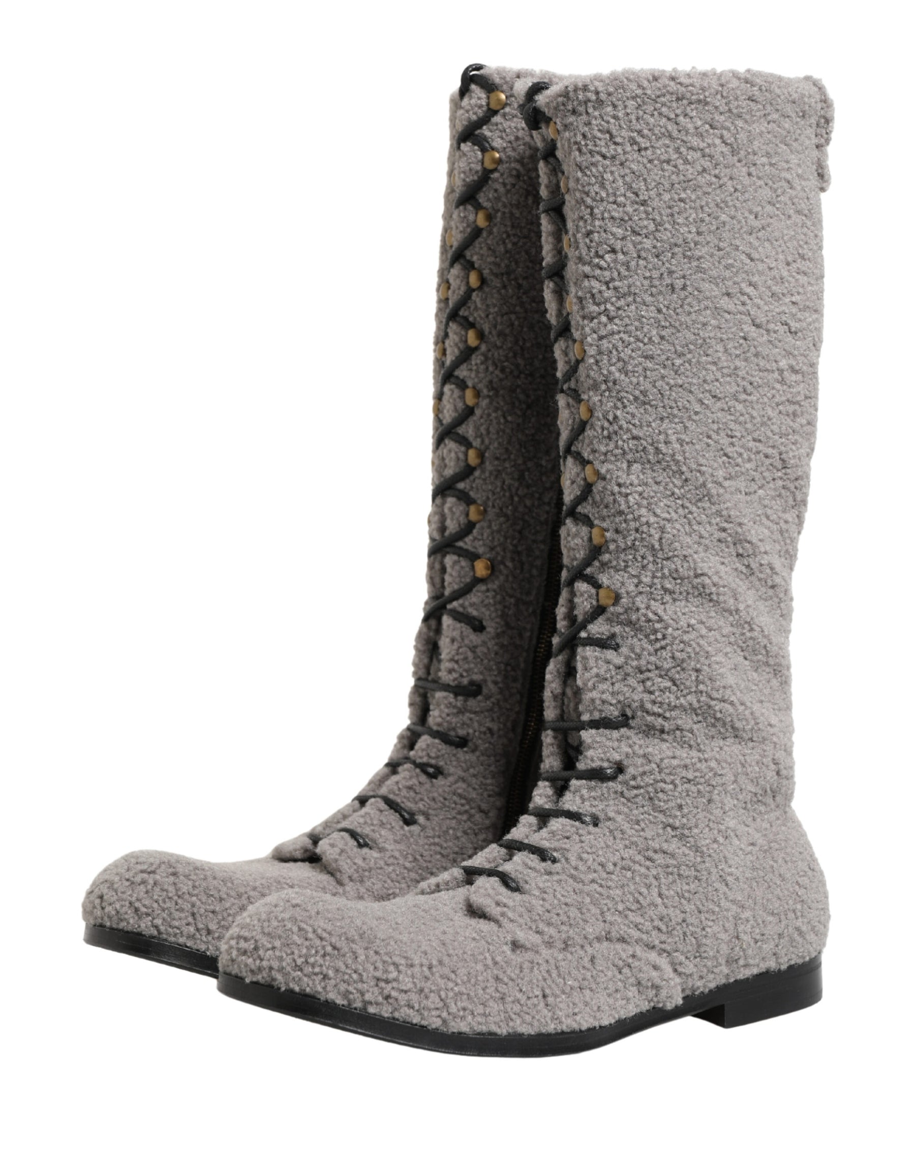 Dolce & Gabbana Gray Shearling Lace Up Knee High Boots Shoes | Regal Royce