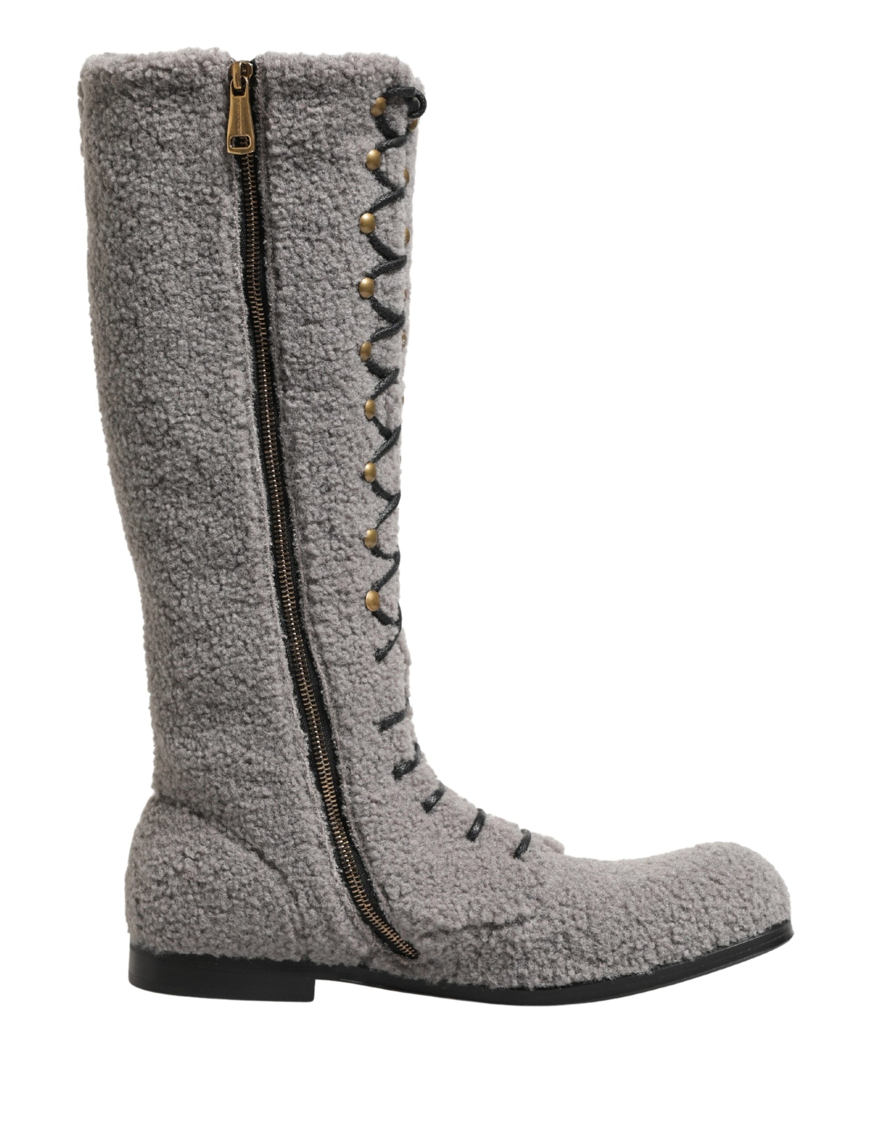 Dolce & Gabbana Gray Shearling Lace Up Knee High Boots Shoes | Regal Royce