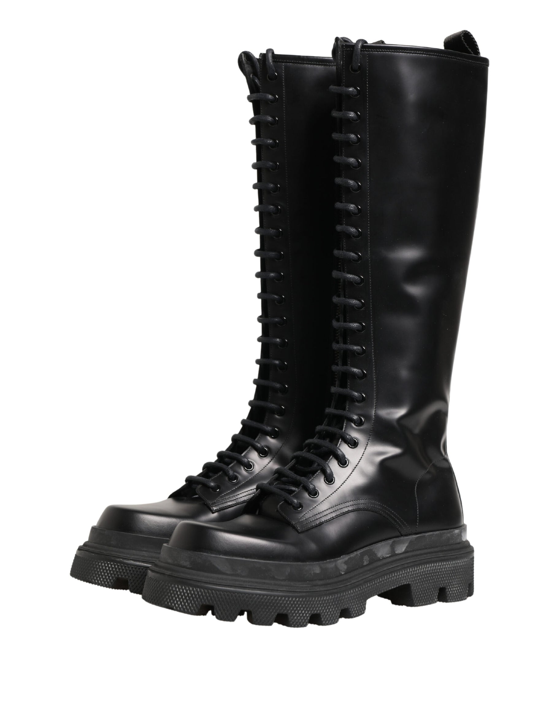 Dolce & Gabbana Black Leather Knee High Lace Up Boots Shoes | Regal Royce