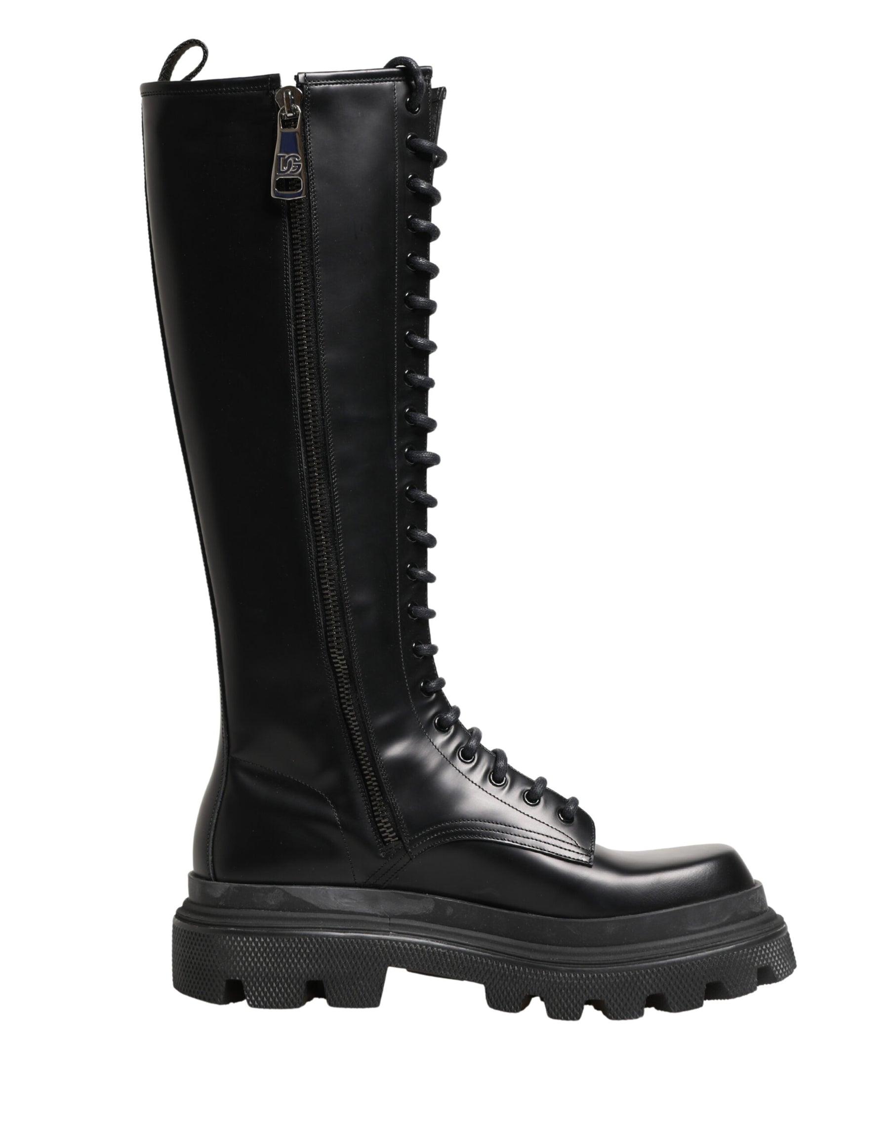 Dolce & Gabbana Black Leather Knee High Lace Up Boots Shoes | Regal Royce
