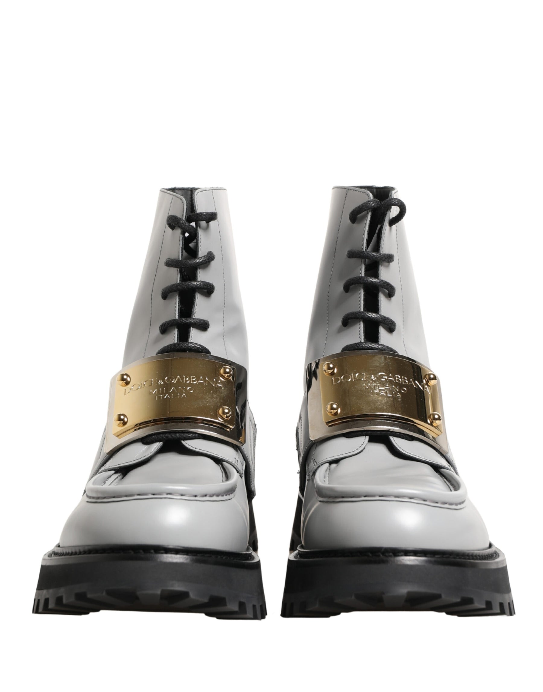 Dolce & Gabbana Gray Leather Logo Plaque Ankle Boots Shoes | Regal Royce