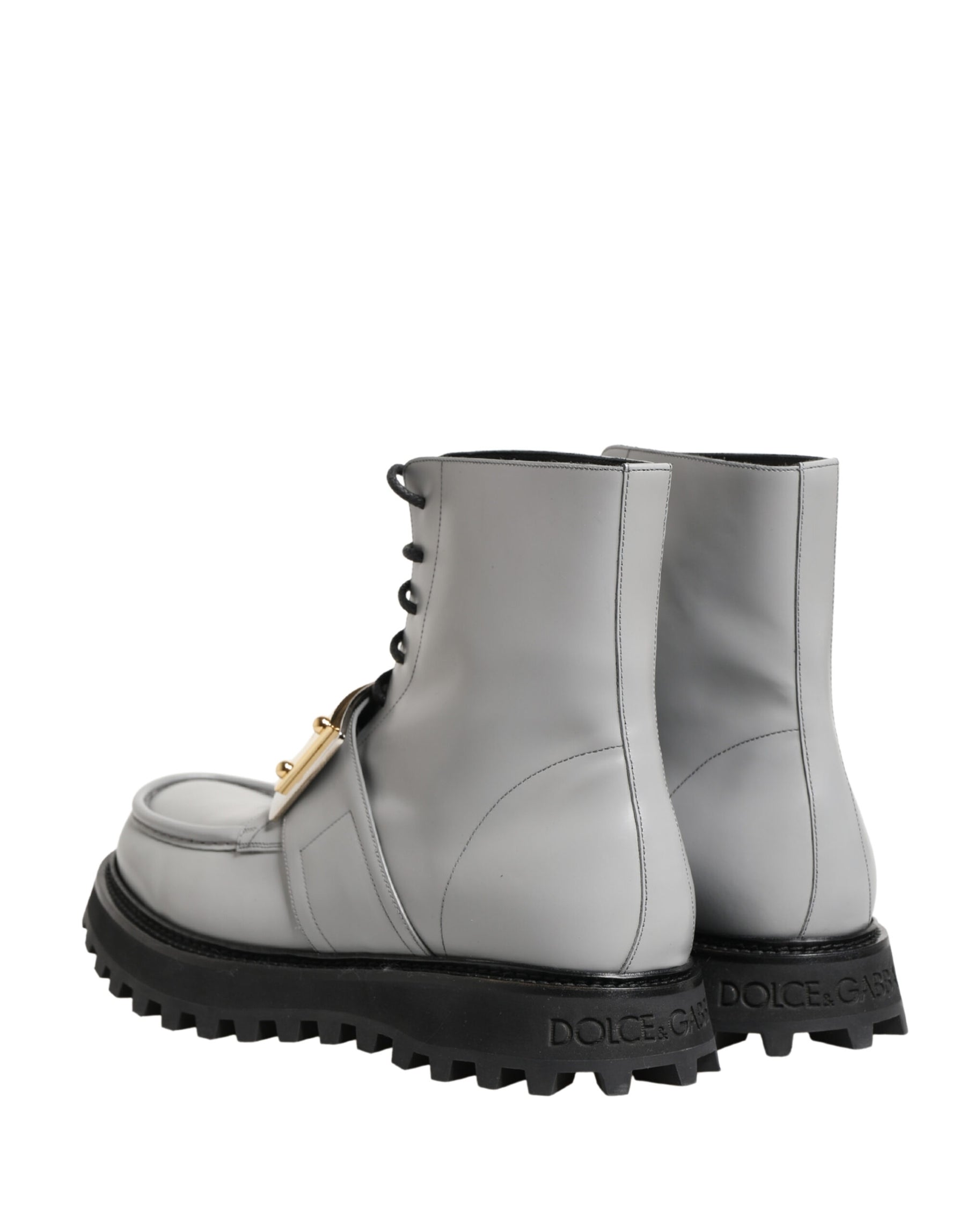 Dolce & Gabbana Gray Leather Logo Plaque Ankle Boots Shoes | Regal Royce