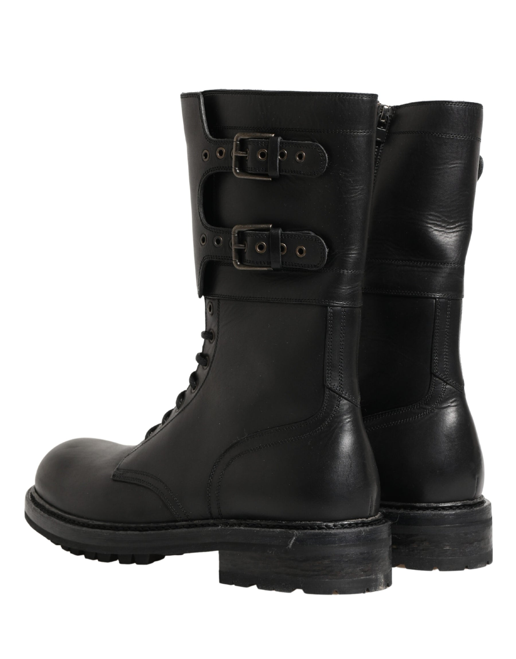Dolce & Gabbana Black Leather Belted Buckle Combat Boots Shoes | Regal Royce