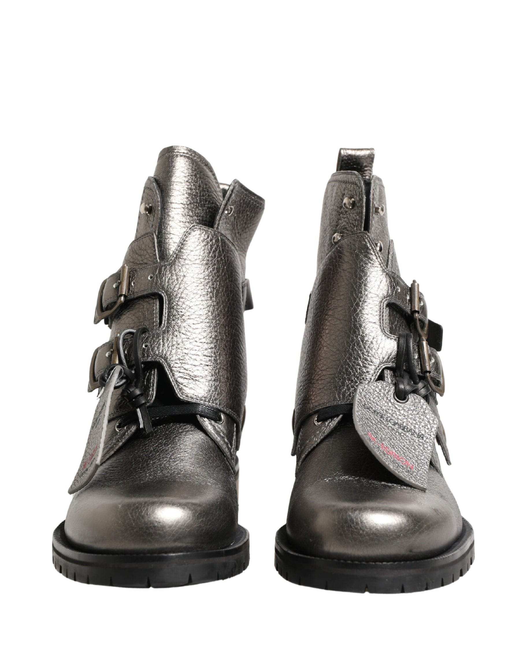 Dolce & Gabbana Metallic Silver Leather Buckle Ankle Boots Shoes | Regal Royce
