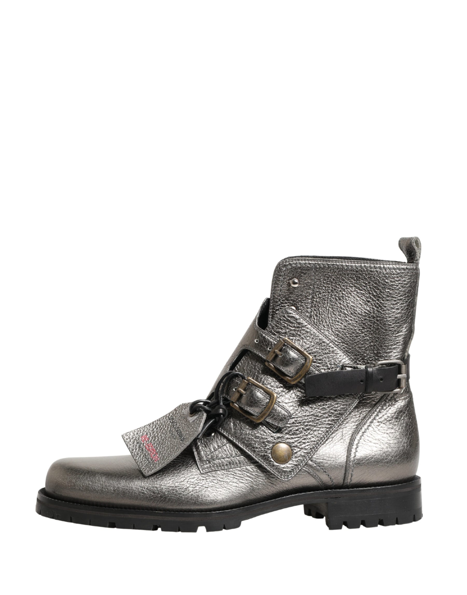 Dolce & Gabbana Metallic Silver Leather Buckle Ankle Boots Shoes | Regal Royce