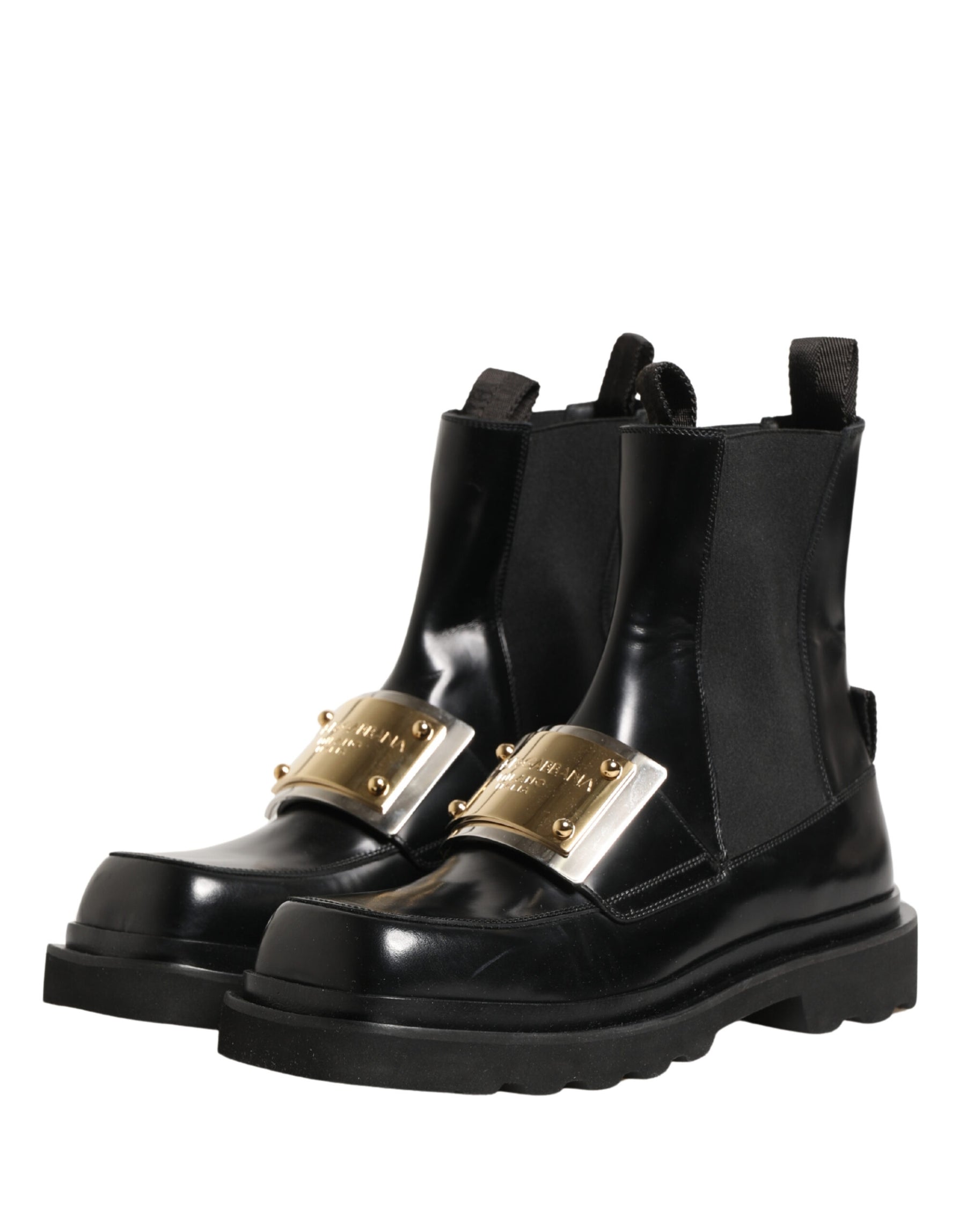 Dolce & Gabbana Black Leather Logo Plaque Ankle Boots Shoes | Regal Royce
