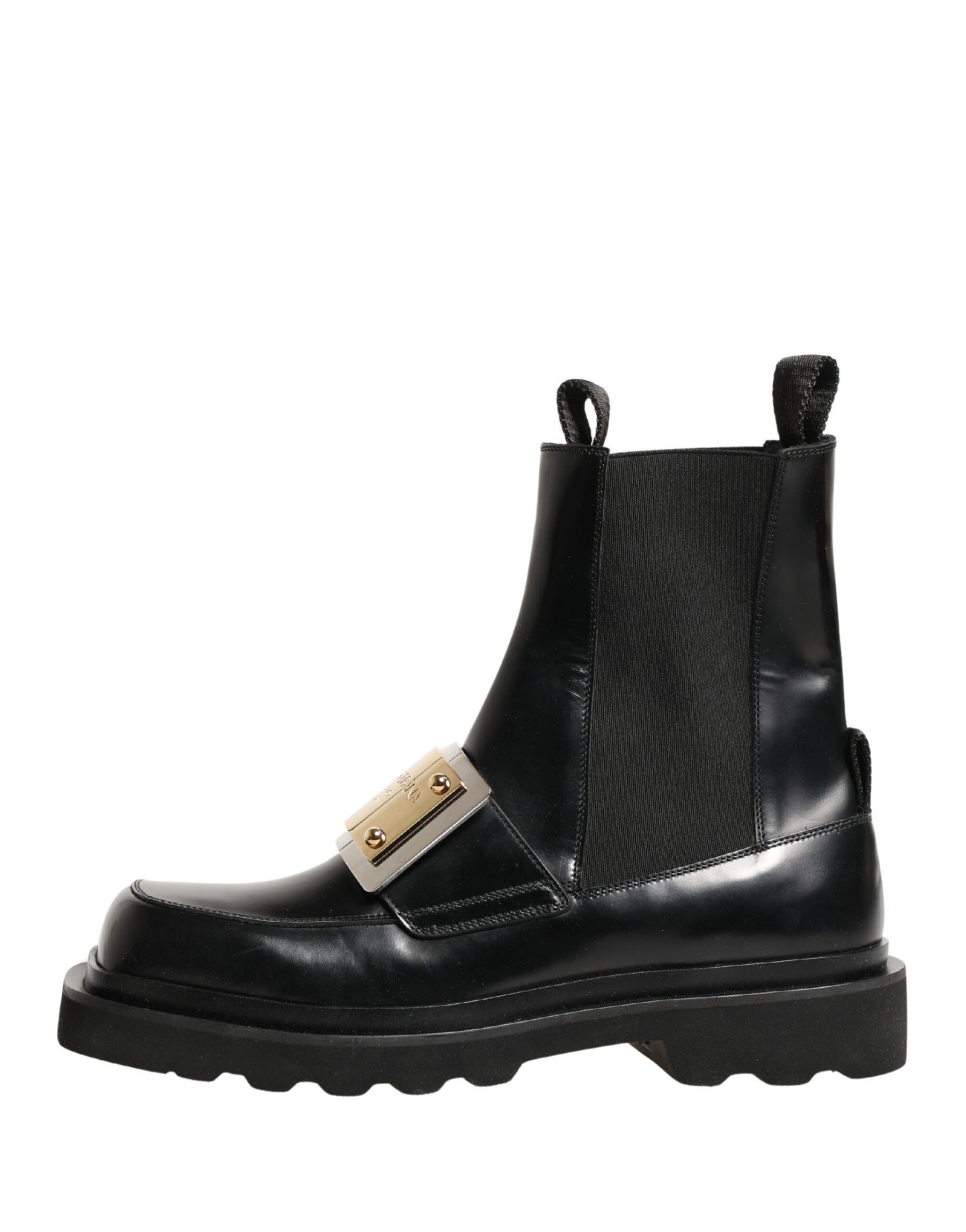 Dolce & Gabbana Black Leather Logo Plaque Ankle Boots Shoes | Regal Royce