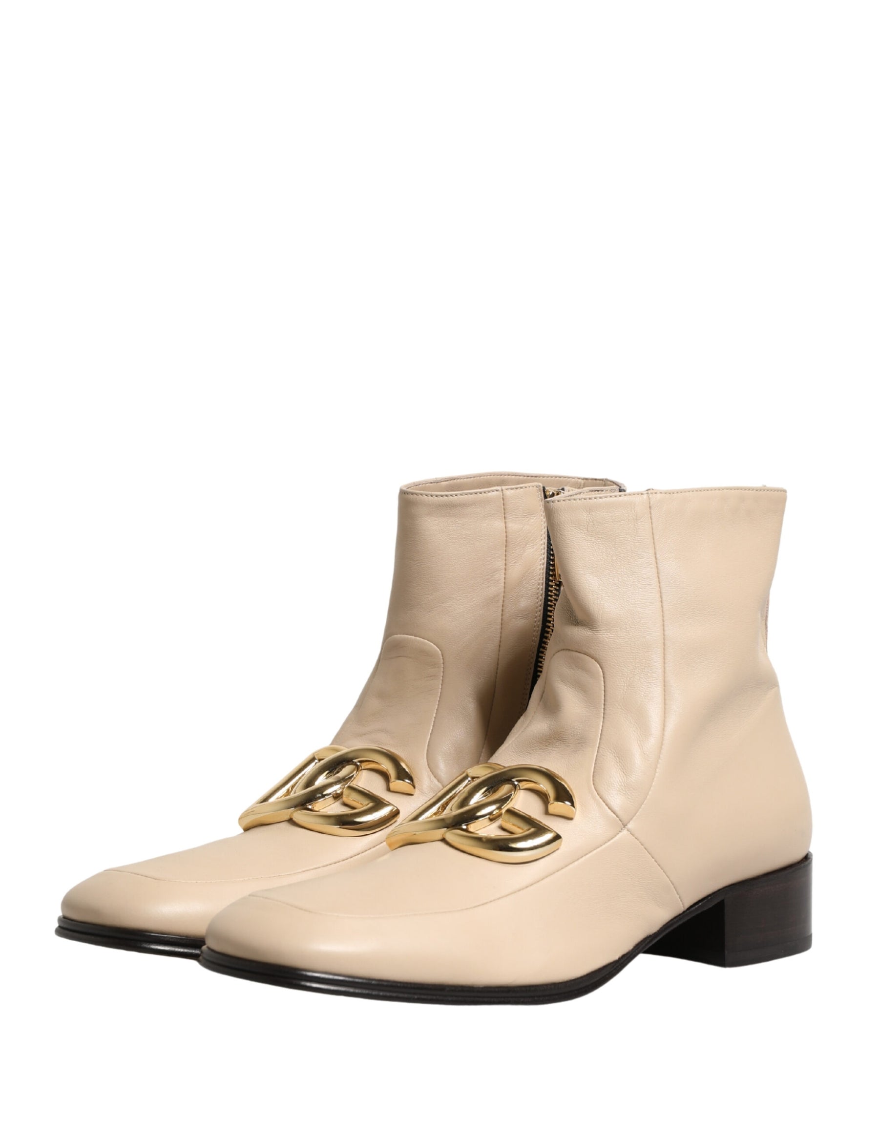 Dolce & Gabbana Beige Leather Logo Plaque Ankle Boots Shoes | Regal Royce