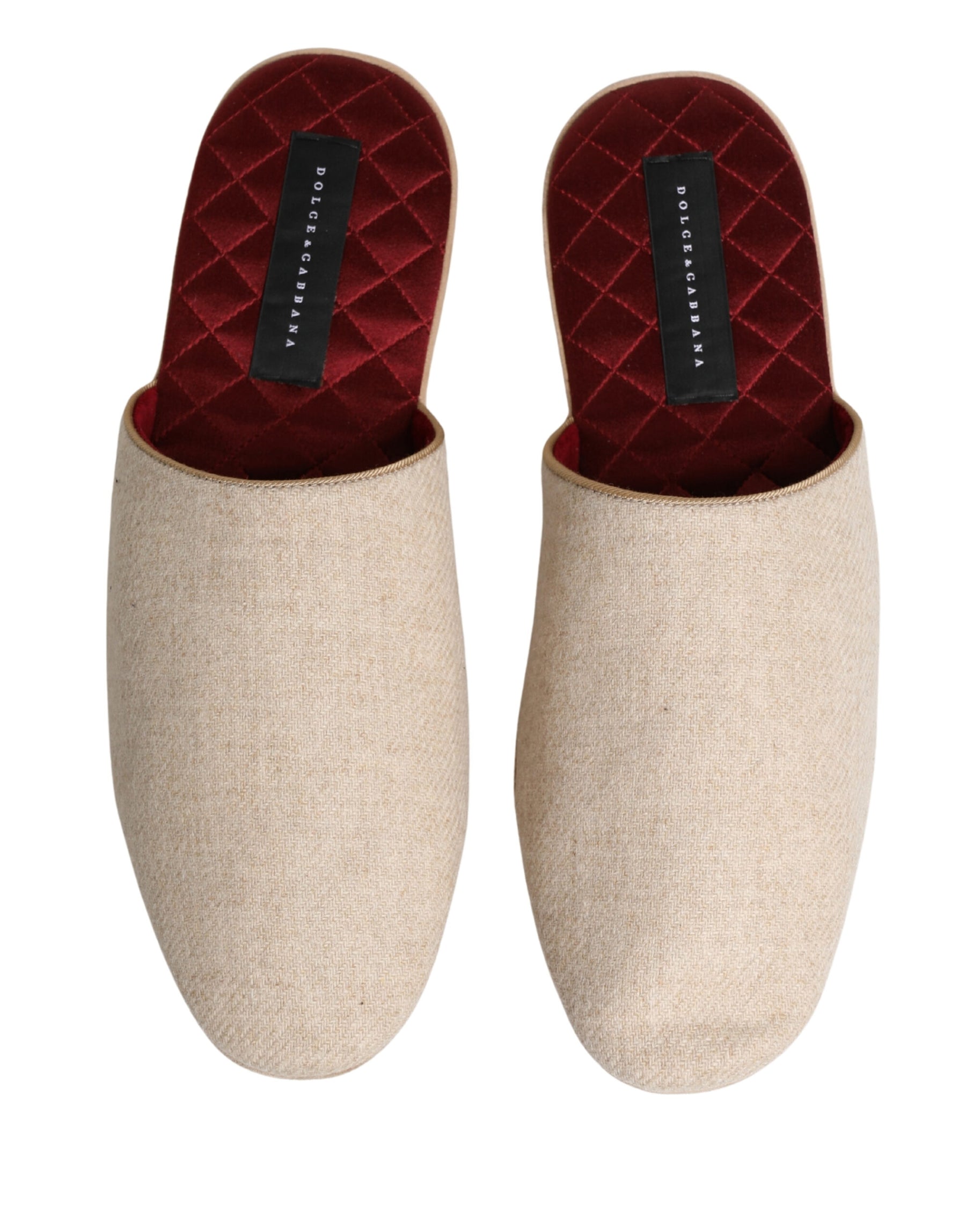Dolce & Gabbana Beige Shetland Wool Red Quilted Slippers Shoes | Regal Royce
