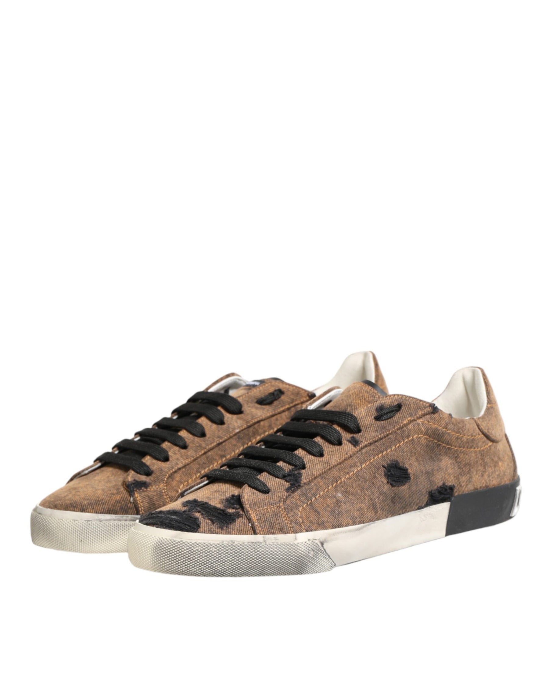 Dolce & Gabbana Brown Black Patch Denim Low Top Sneakers Shoes | Regal Royce