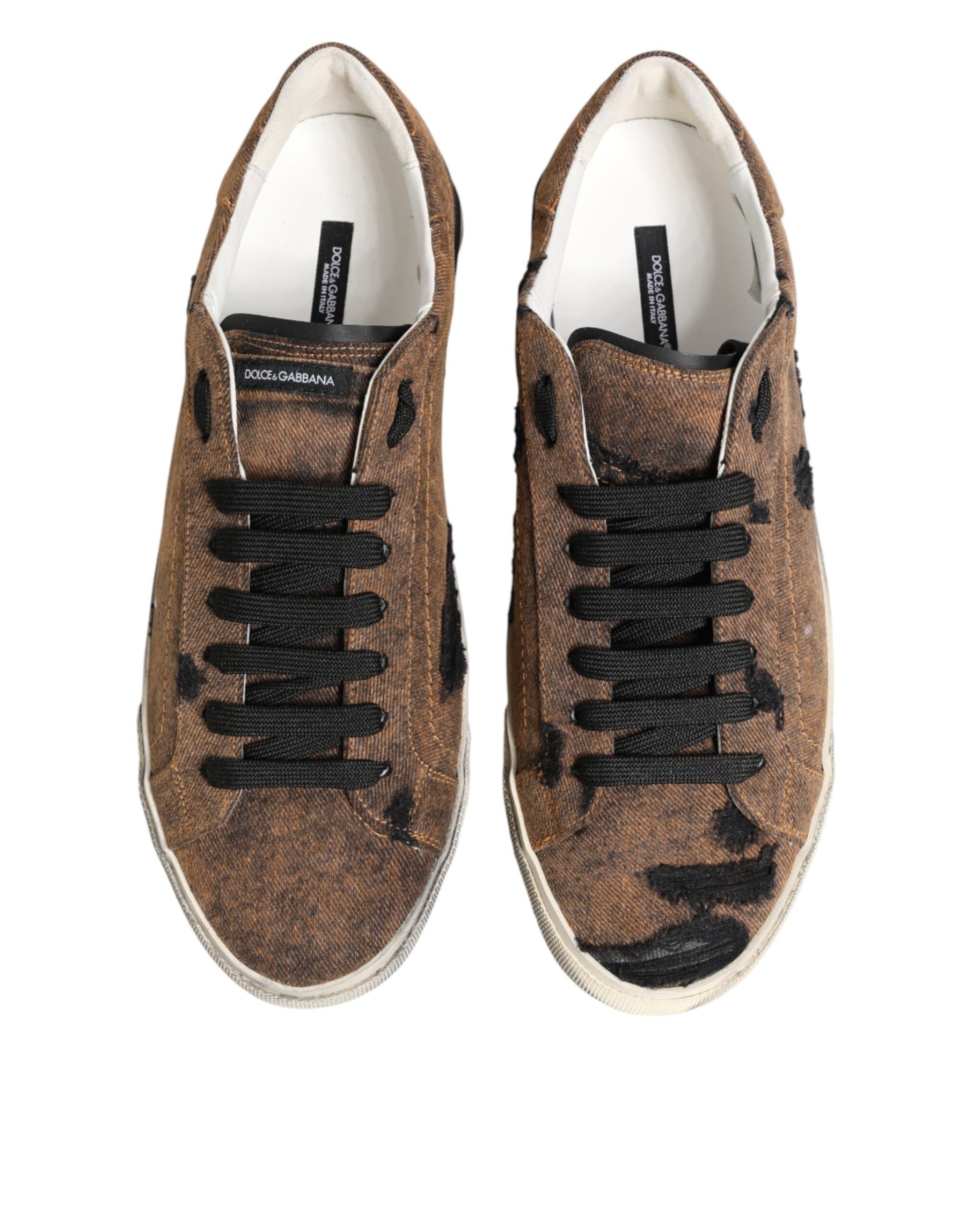 Dolce & Gabbana Brown Black Patch Denim Low Top Sneakers Shoes | Regal Royce