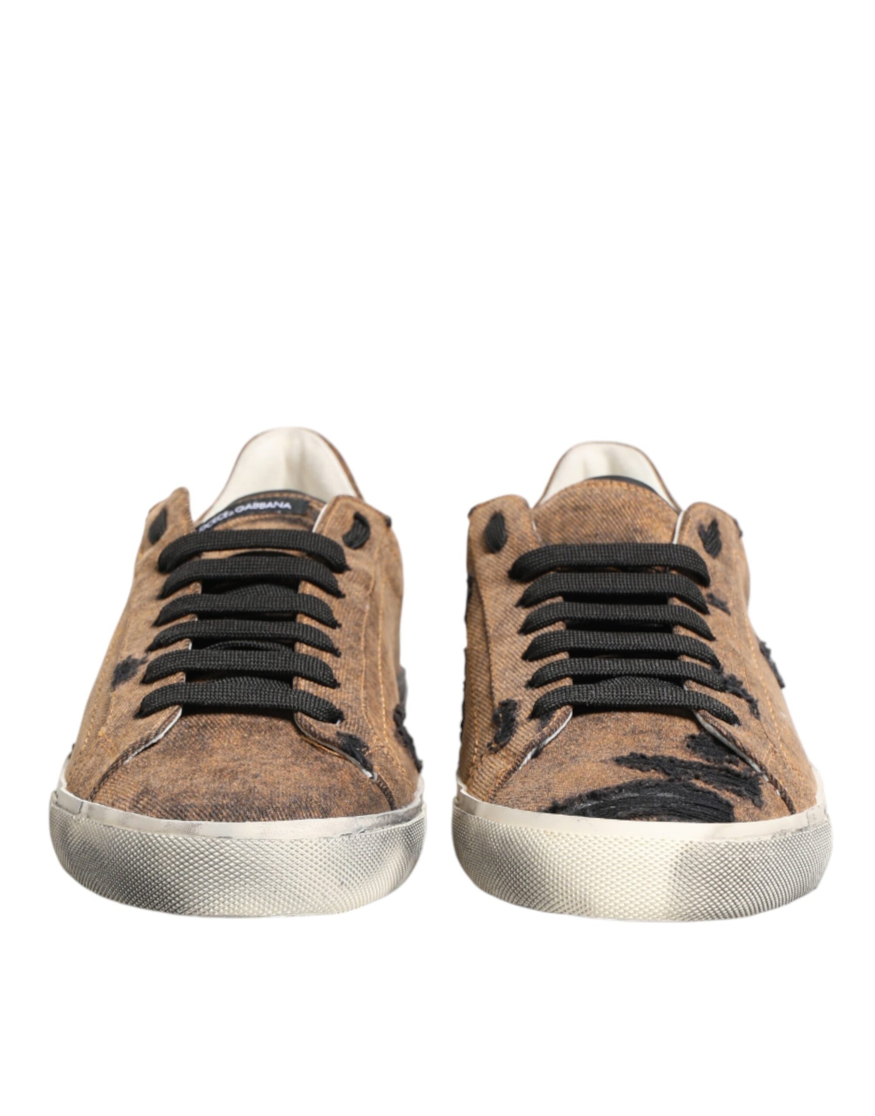 Dolce & Gabbana Brown Black Patch Denim Low Top Sneakers Shoes | Regal Royce