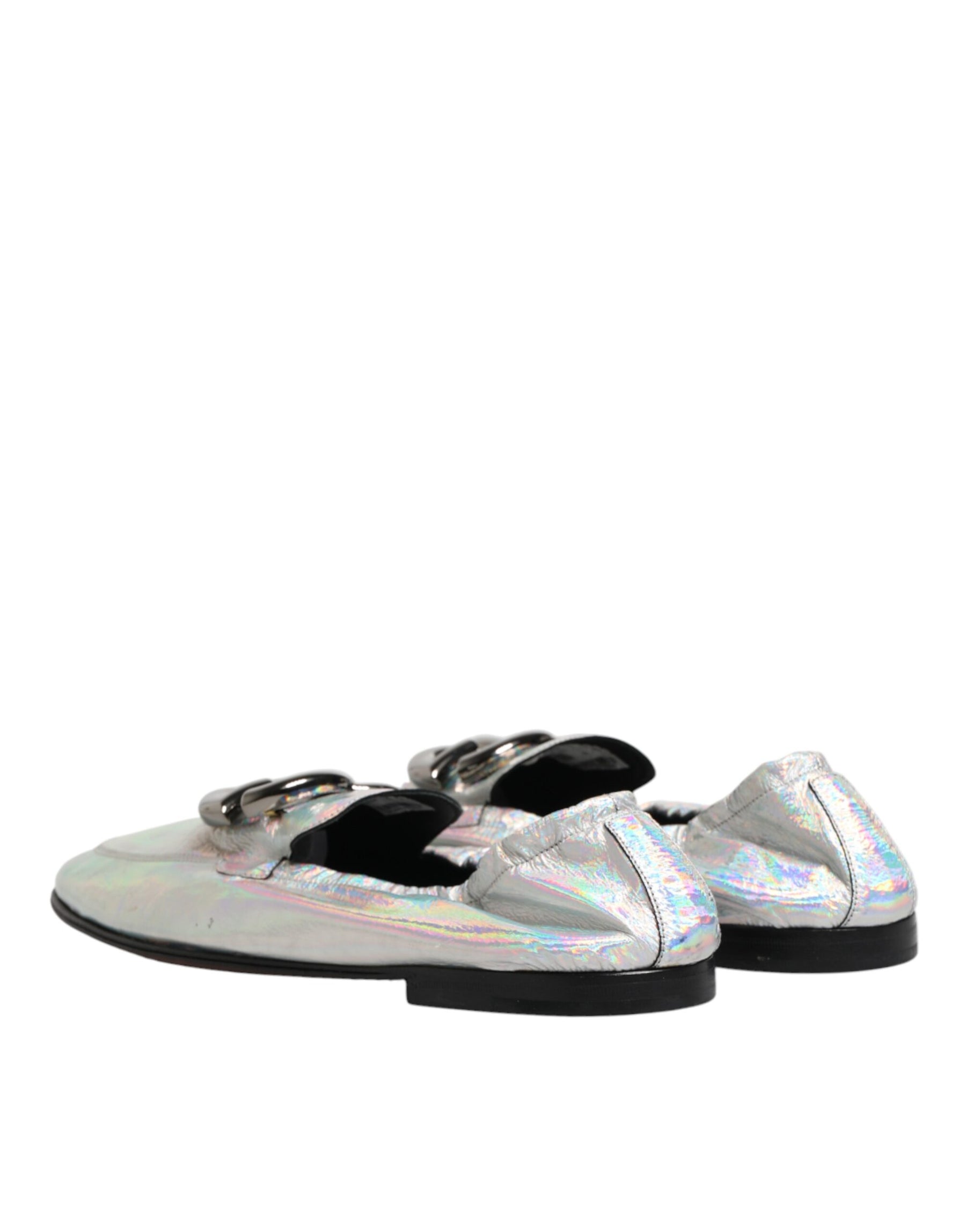 Dolce & Gabbana Silver DG Logo Holographic Leather Loafers Shoes | Regal Royce