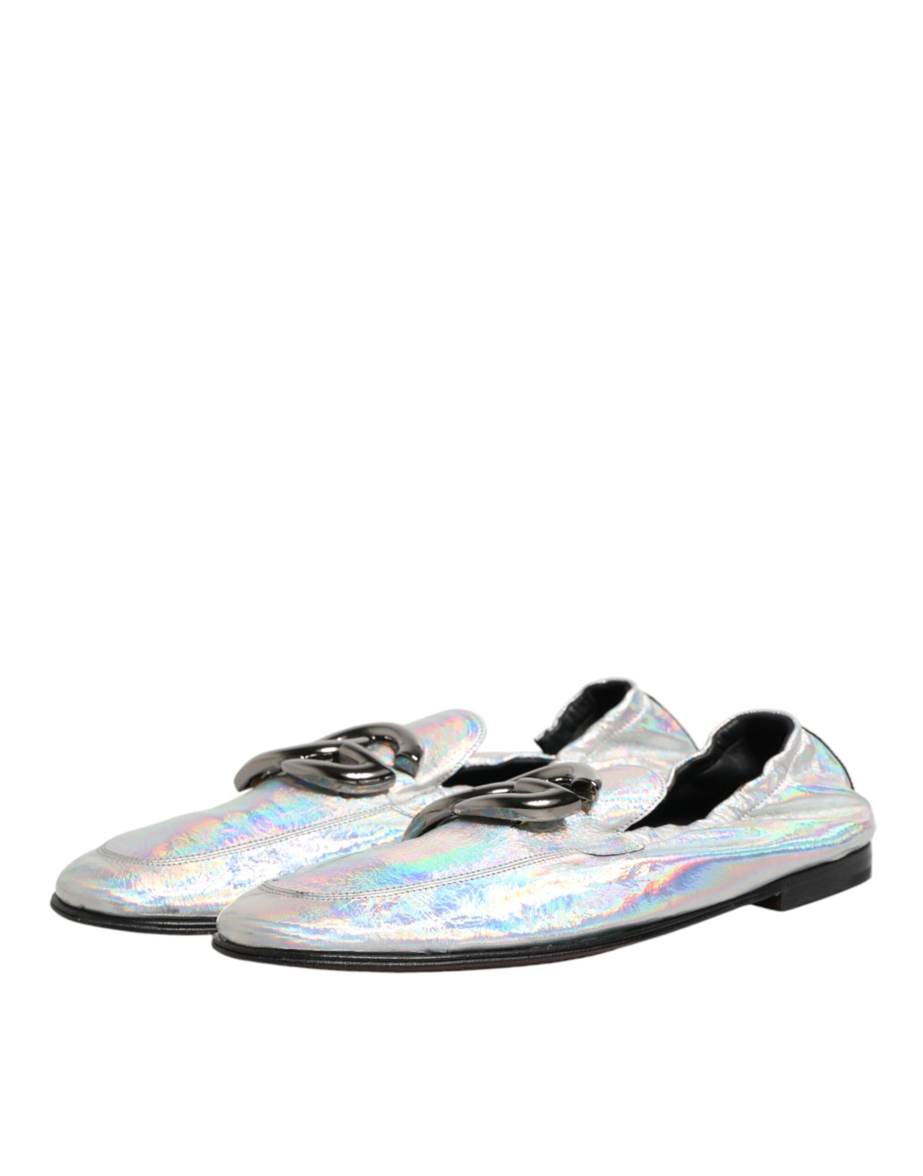 Dolce & Gabbana Silver DG Logo Holographic Leather Loafers Shoes | Regal Royce