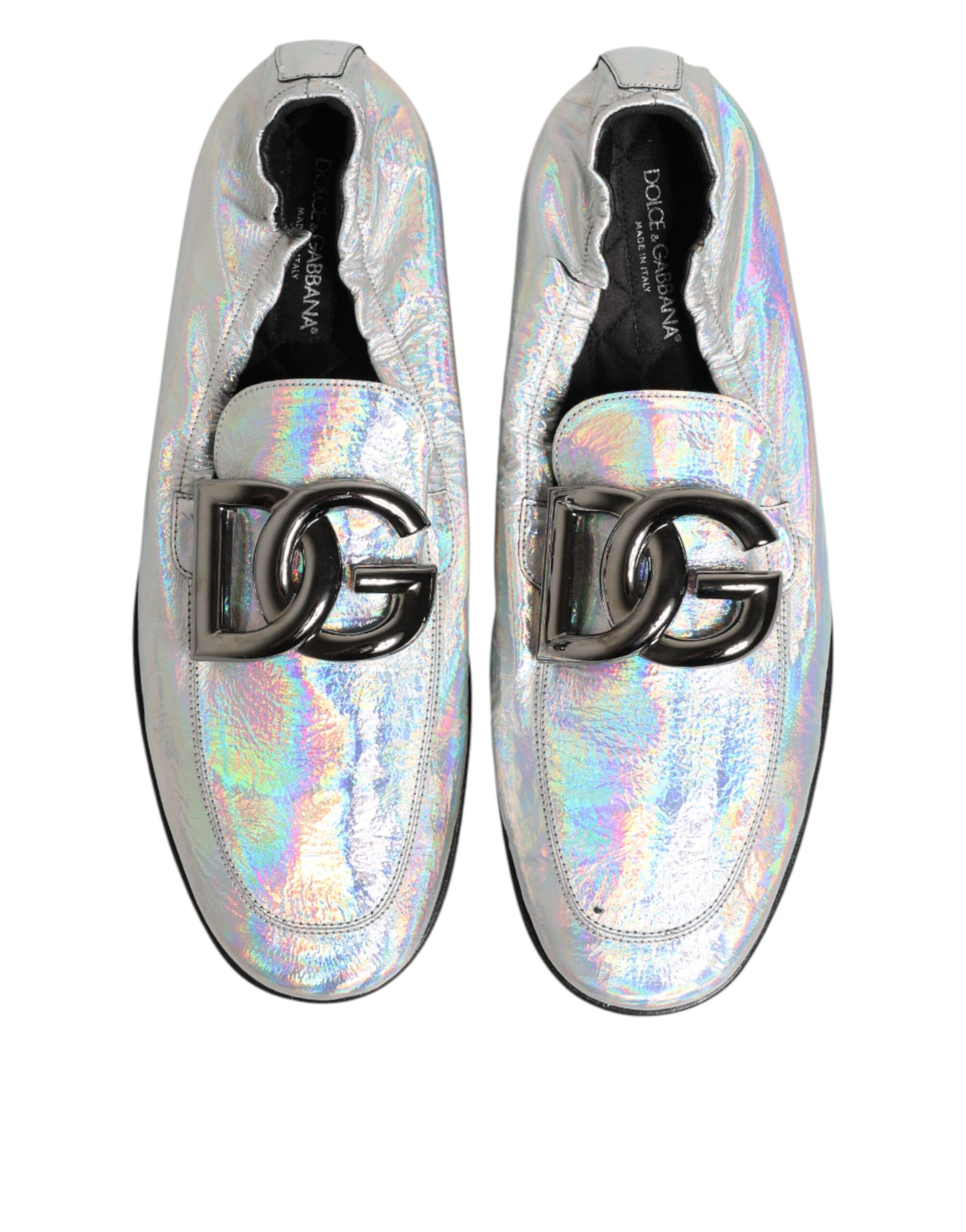 Dolce & Gabbana Silver DG Logo Holographic Leather Loafers Shoes | Regal Royce