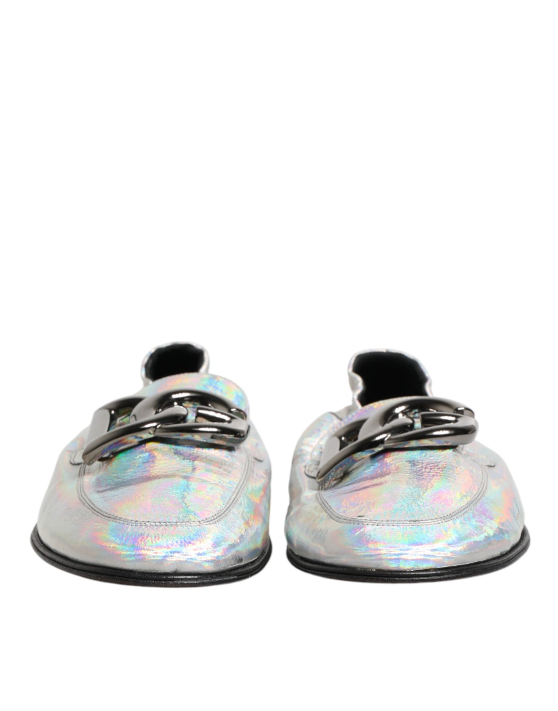 Dolce & Gabbana Silver DG Logo Holographic Leather Loafers Shoes | Regal Royce