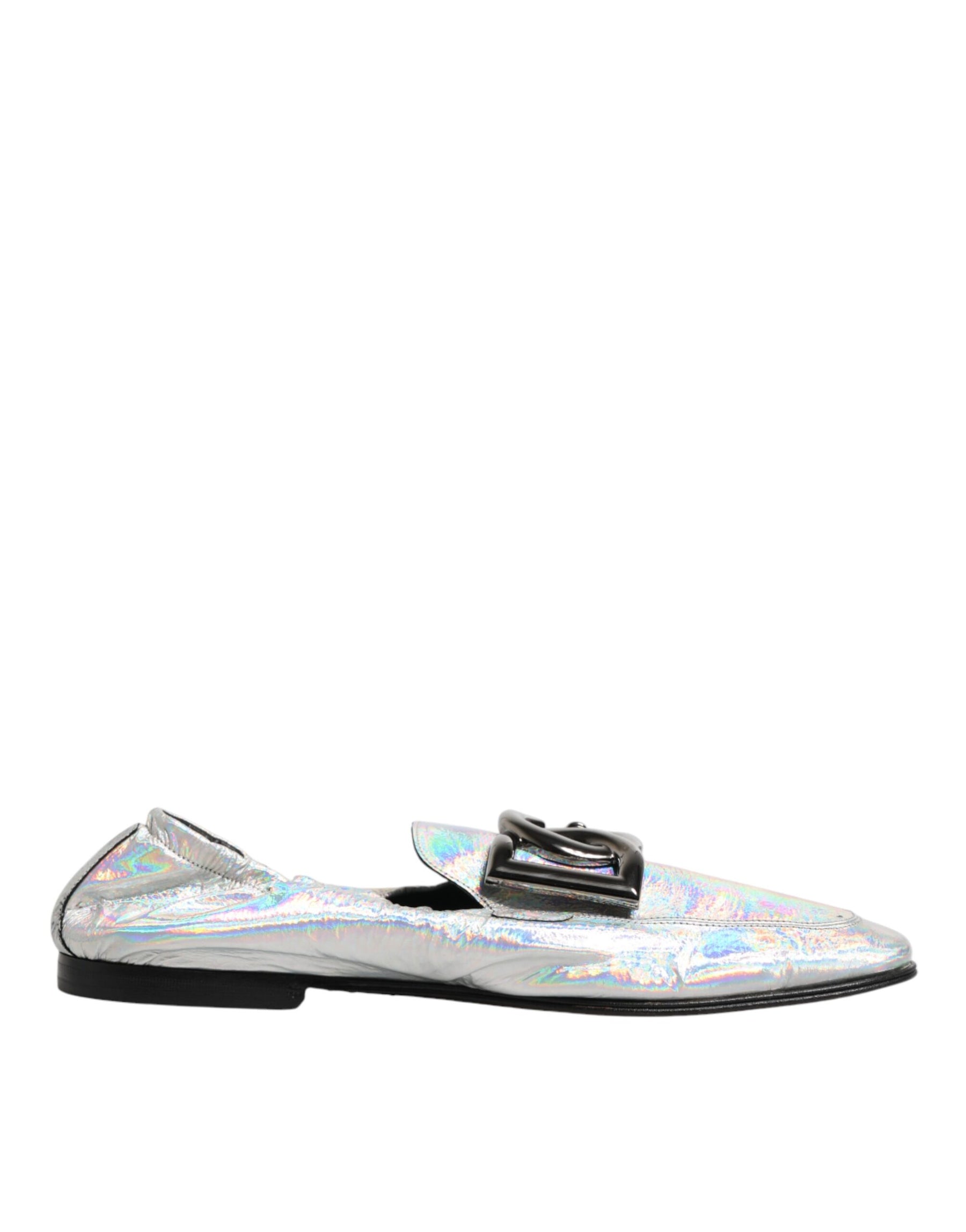 Dolce & Gabbana Silver DG Logo Holographic Leather Loafers Shoes | Regal Royce