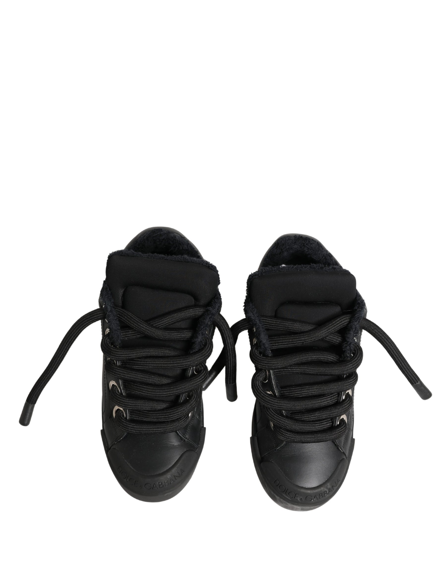 Dolce & Gabbana Black Calf Leather Nappa Lace-Up Sneakers Shoes | Regal Royce