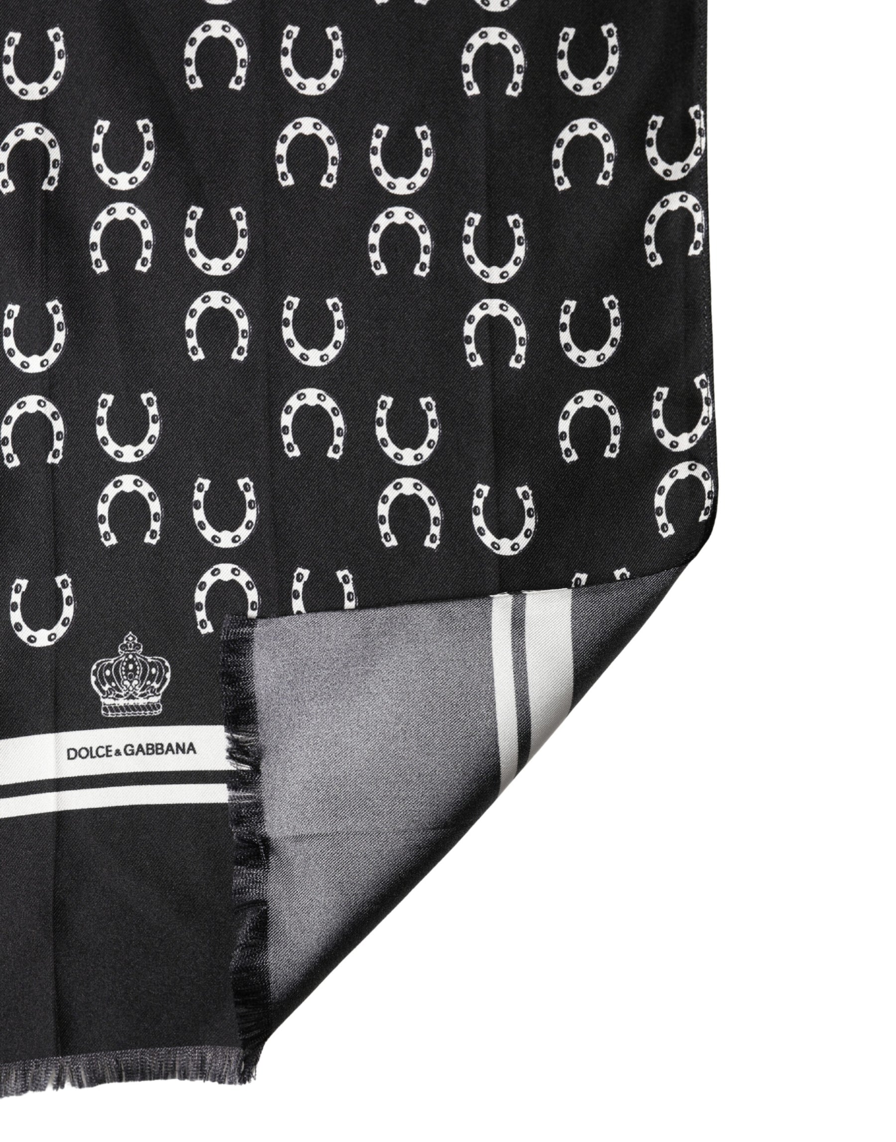 Dolce & Gabbana Black Horseshoe Silk Neck Foulard 136cm x 23cm Men Scarf | Regal Royce