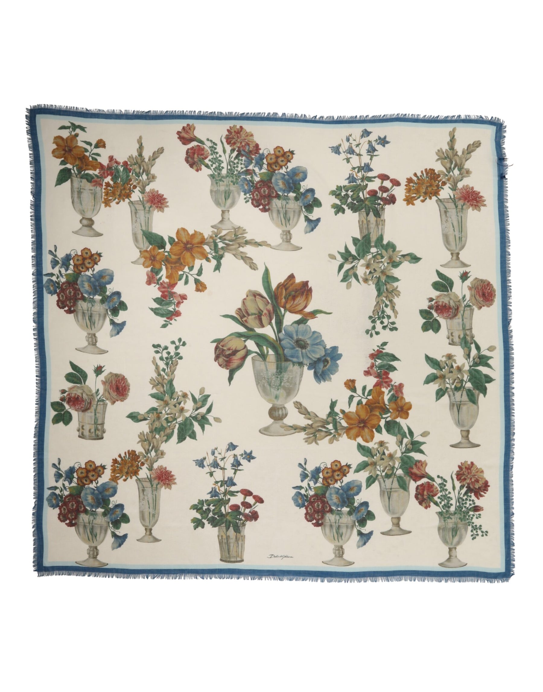 Dolce & Gabbana White Flower Vase Cashmere Stole Wrap 132cm x 128cm Scarf | Regal Royce