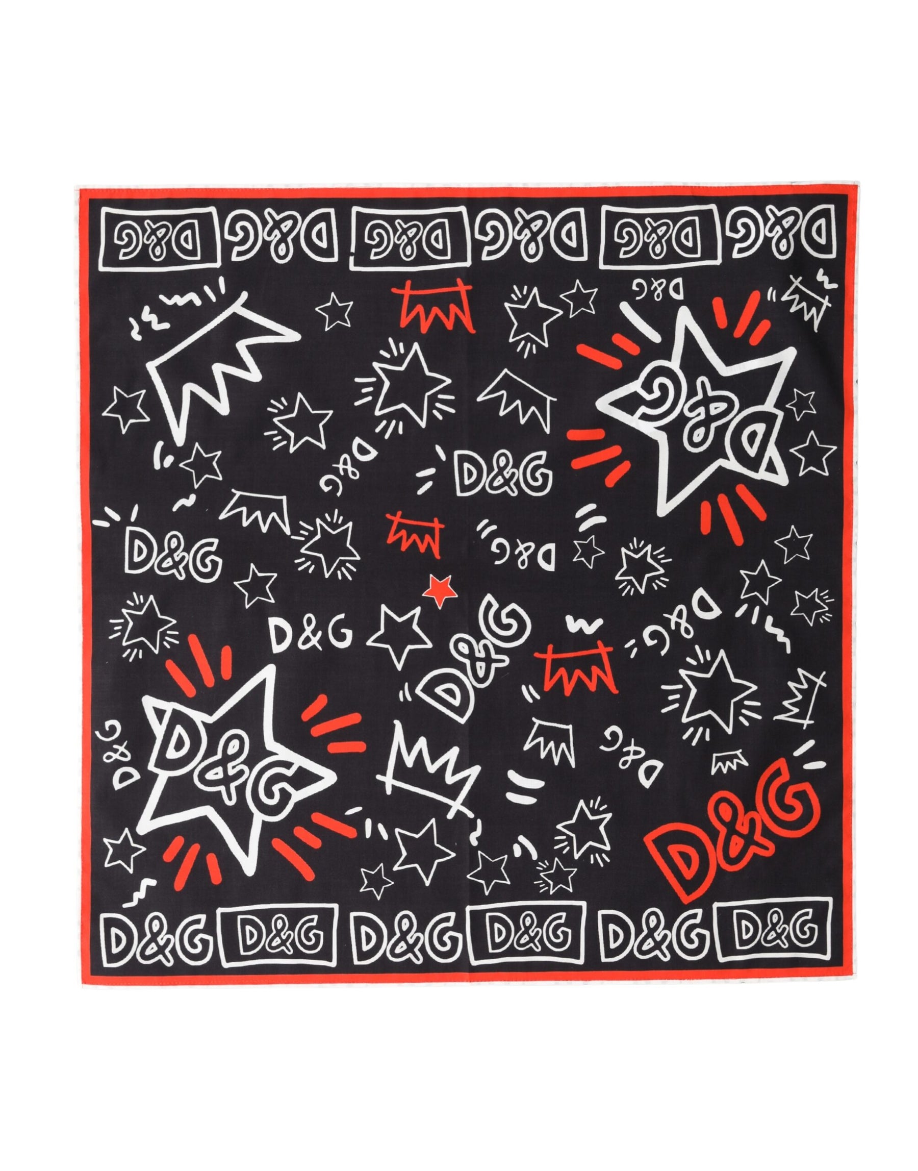 Dolce & Gabbana Black White Red DG Crown Cotton Foulard 47cm x 46cm Scarf | Regal Royce