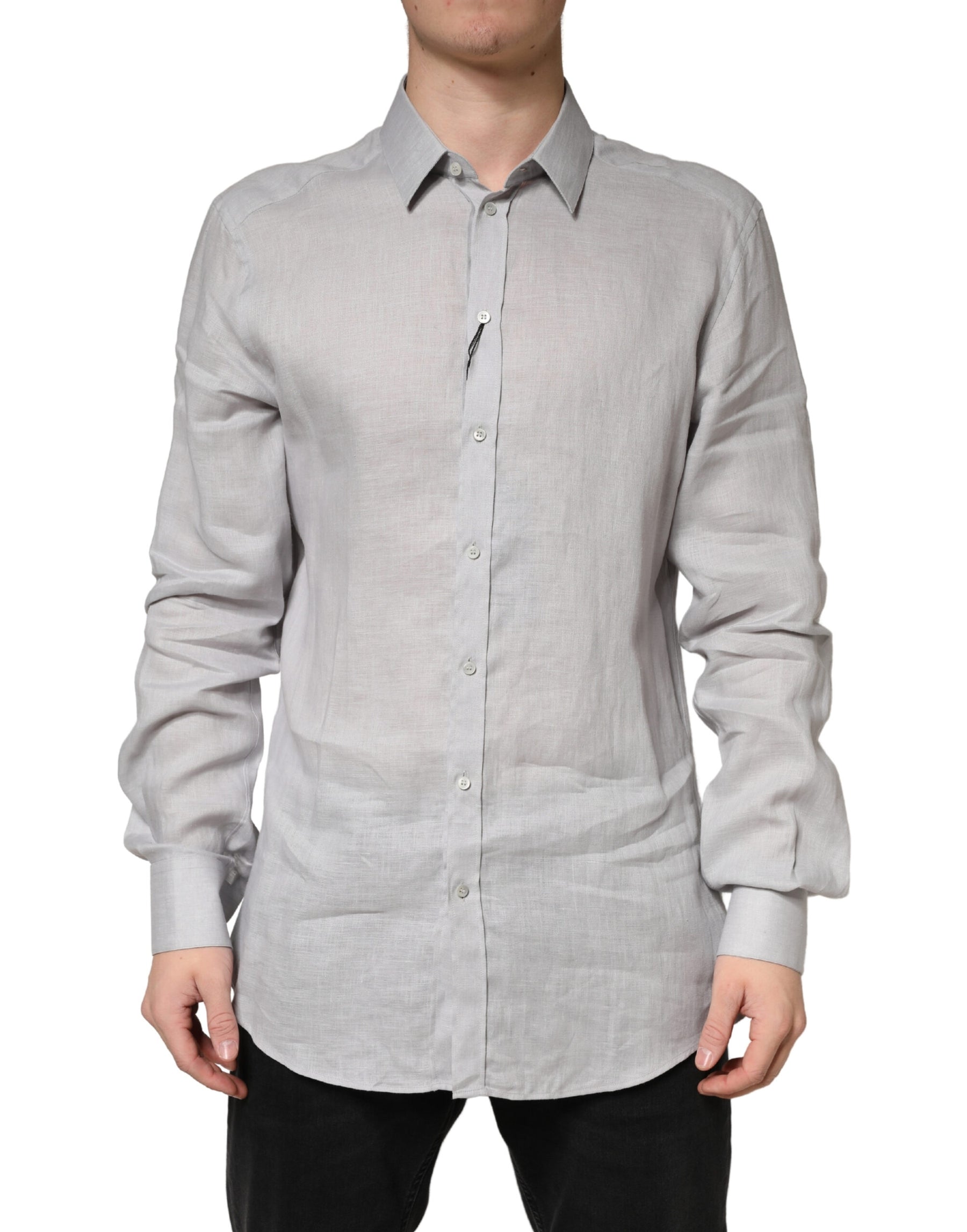Dolce & Gabbana Gray GOLD Linen Long Sleeves Dress Men Shirt | Regal Royce
